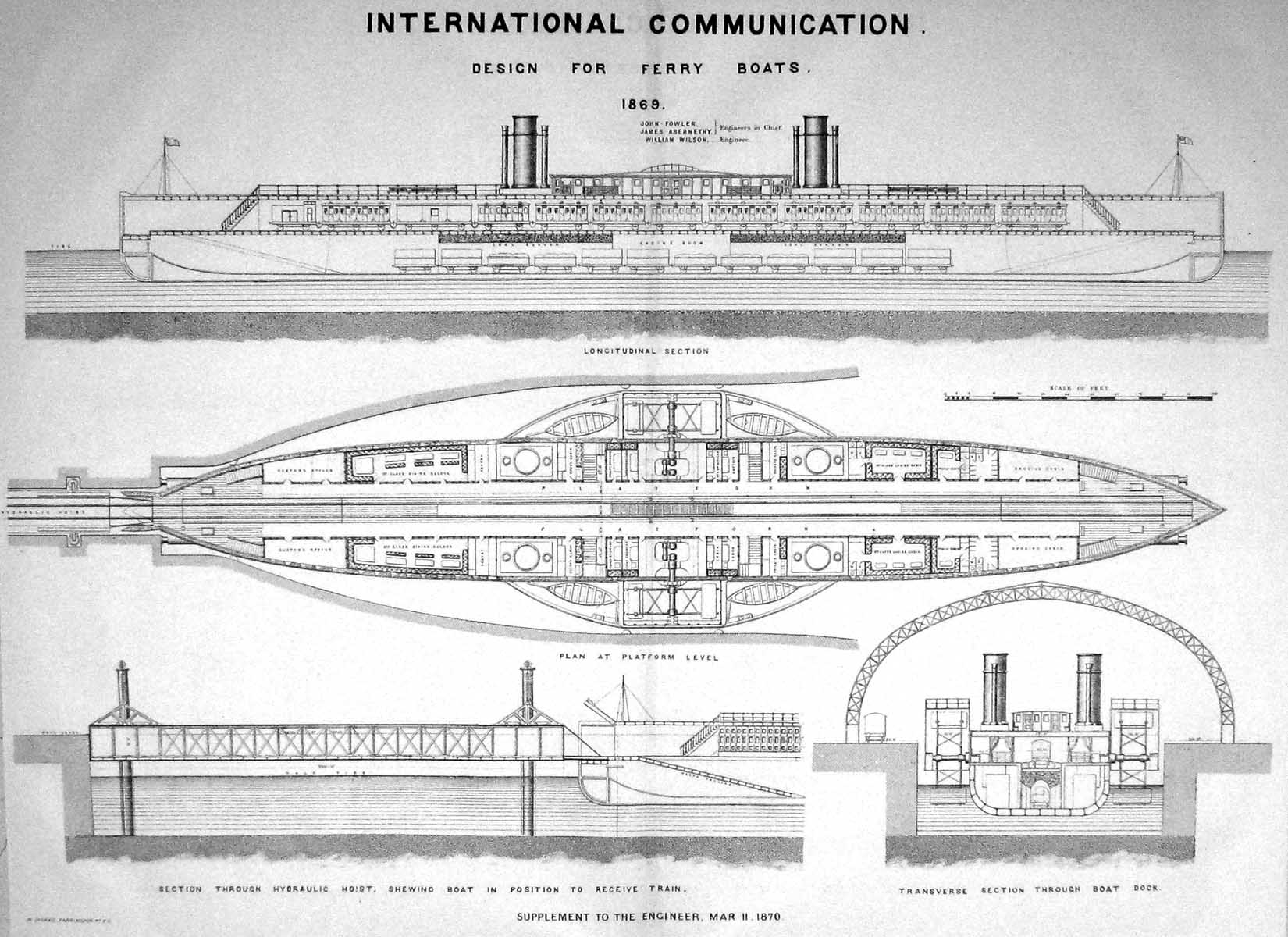 Old 1870 International Communication Design Ferry Boats Plan Engineer 19th