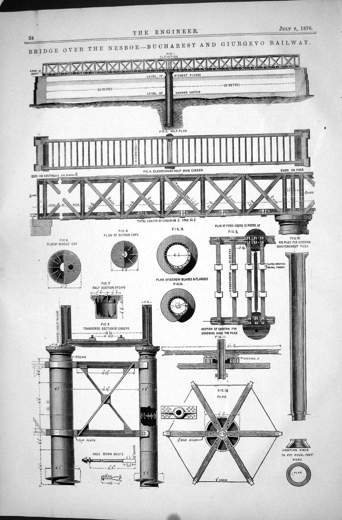 Old Bridge Nesbor Bucharest Giurgevo Railway 1870 Engineering Diagram Victorian