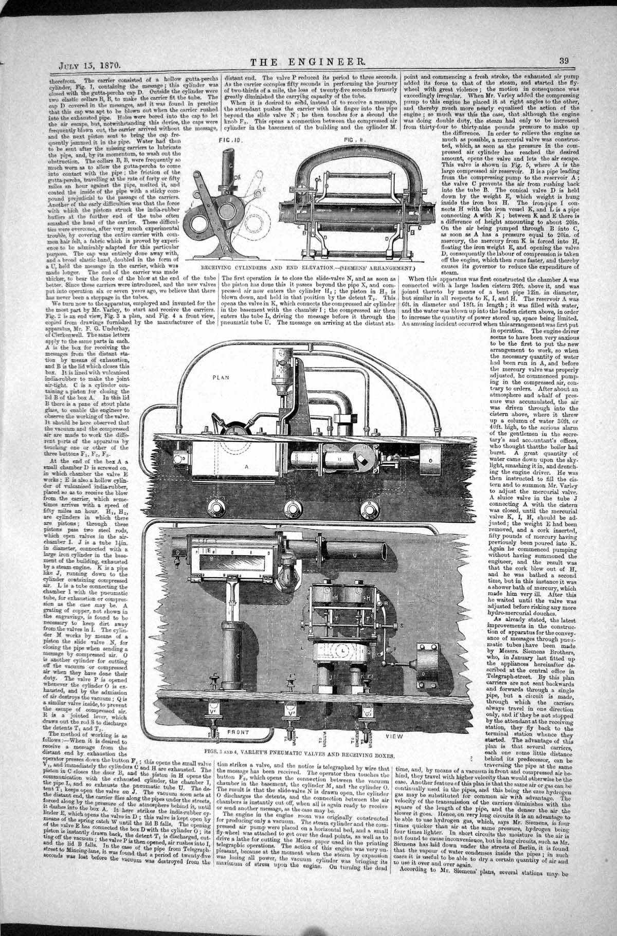 Old Print Receiving Cylinders 1870 End Elevation Siemens Varley Pneumatic 19th