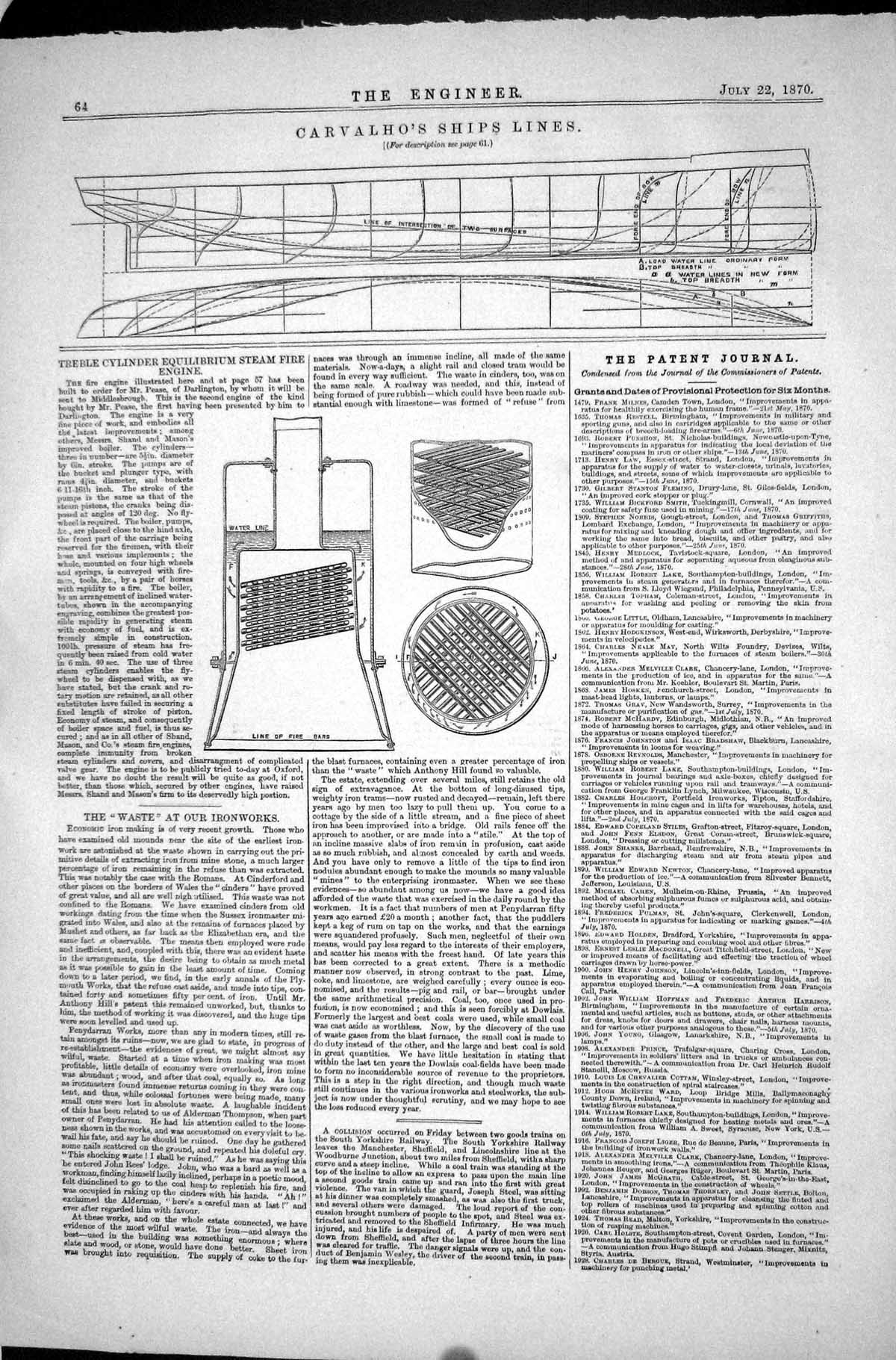 Old Print Carvalho Ships Lines 1870 Treble Cylinder Ironworks Equilibrium 19th