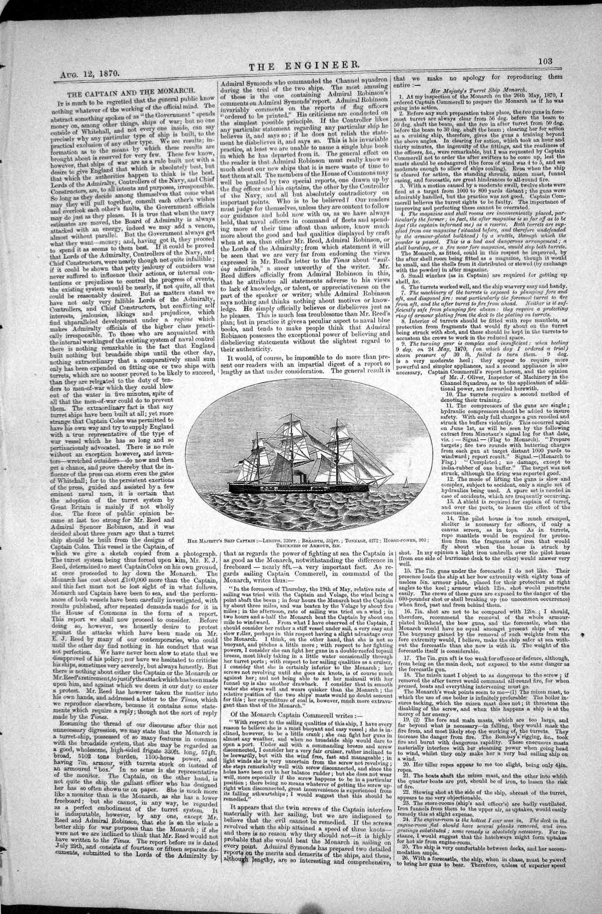 Old Print Captain Monarch 1870 Ship Majesty Length Bredth Tonnage Armour 19th