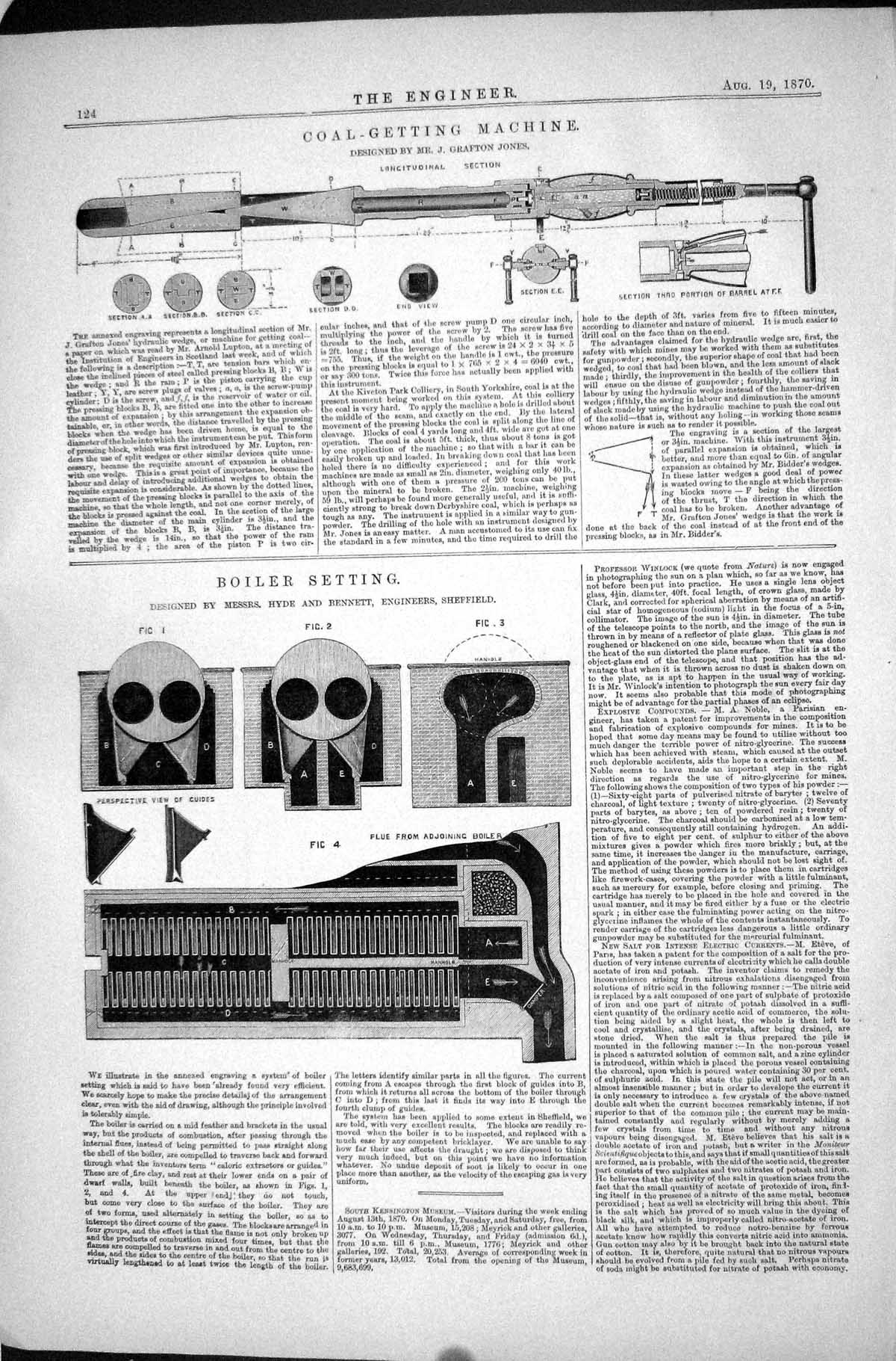 Antique Old Print Coal-Getting Machine Jones 1870 Boiler Setting Hyde Bennett
