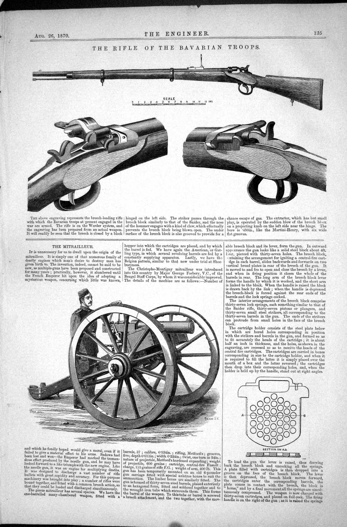 Old Print Rifle Bavarian Troops 1870 Mitrailleur Gun Weapon Scale Drawing 19th