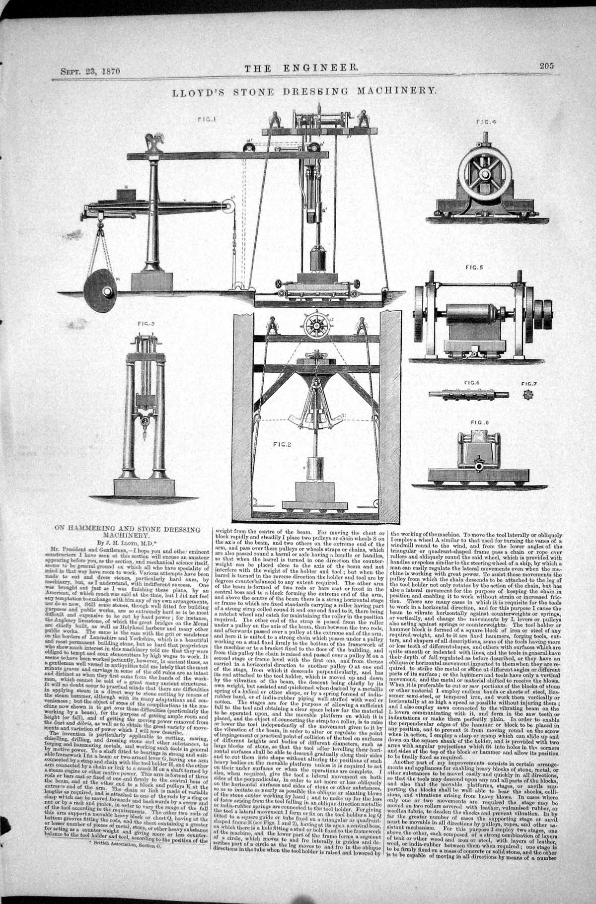 Old Lloyd Stone Dressing Machinery Hammering 1870 Engineering Diagram Victorian