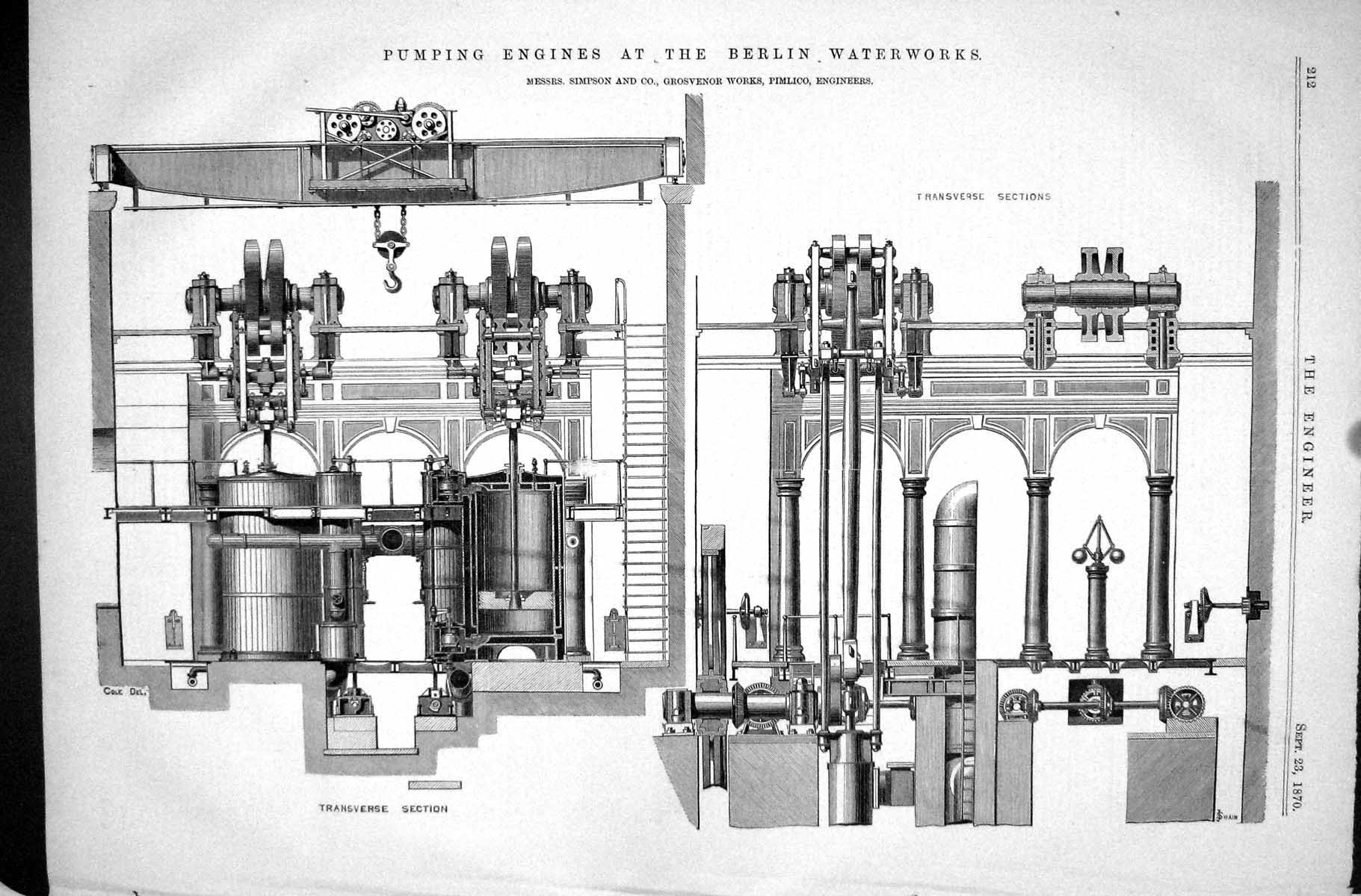 Old Print Pumping Engines Berlin Waterworks 1870 Simpson Grosvenor Works 19th