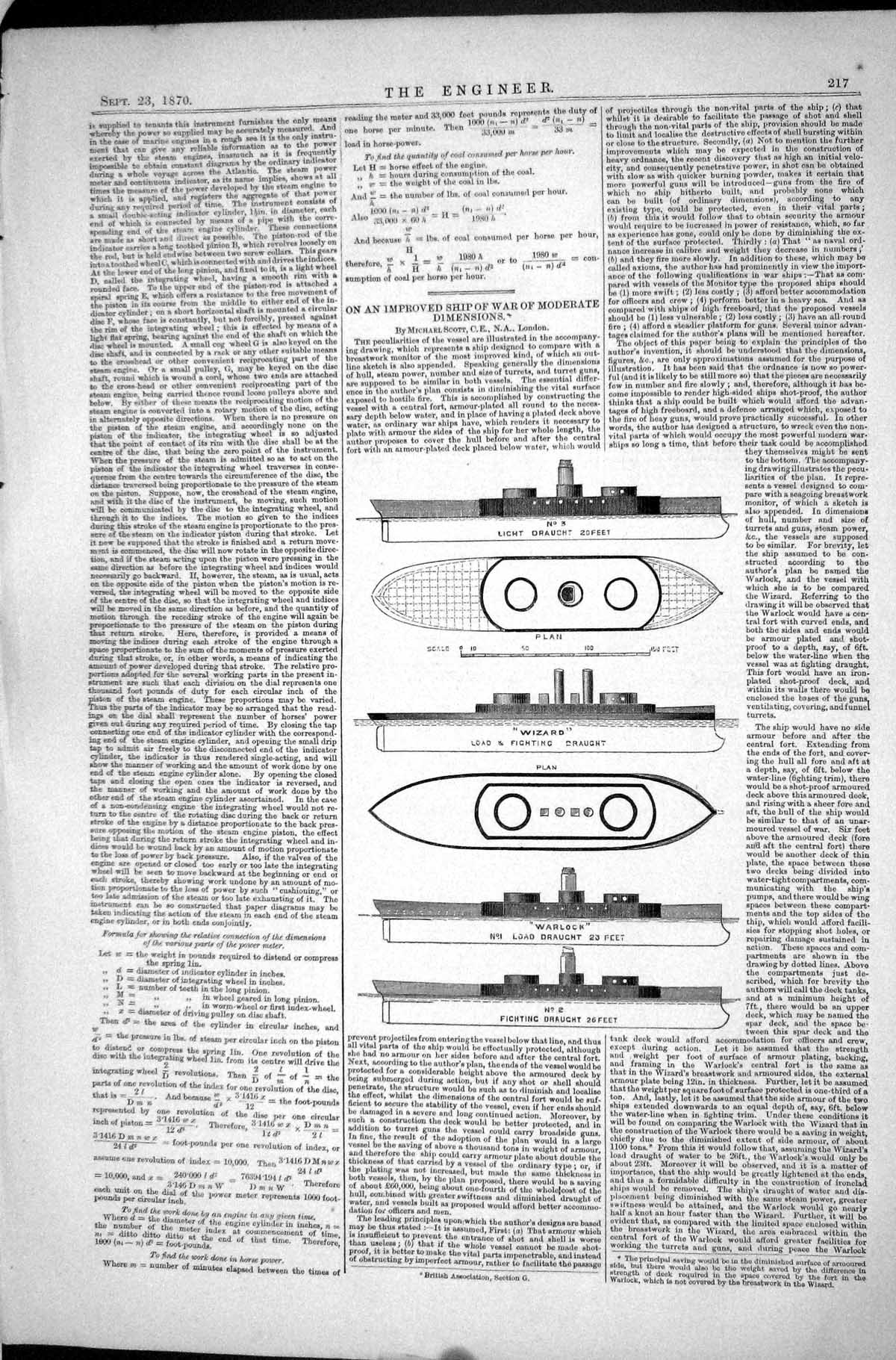 Old Print Ship War Moderate Dimensions 1870 Scott Draught Wizard Warlock 19th