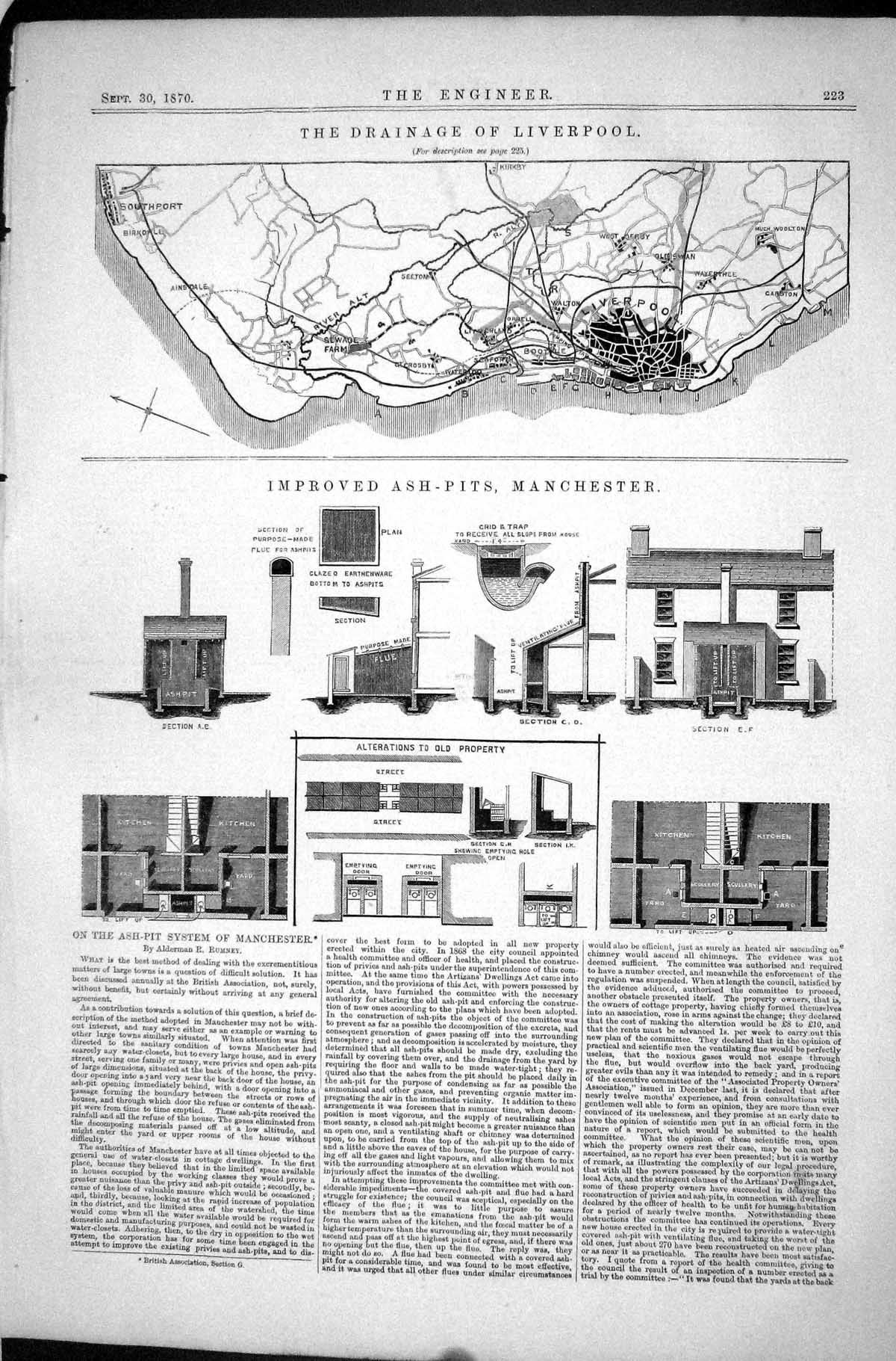 Antique Print Drainage Liverpool 1870 Ash-Pits Manchester System Rumney Map