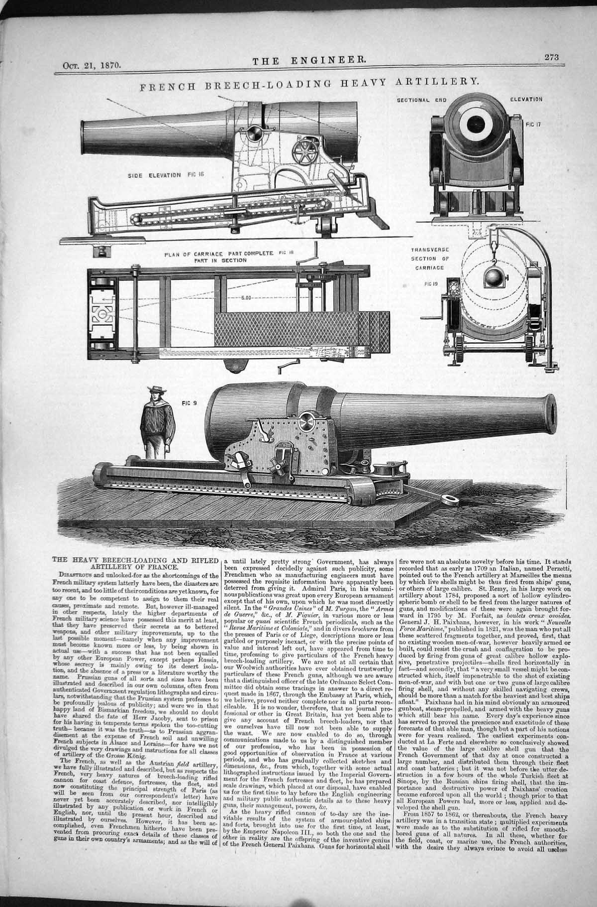 Antique Old Print French Breech-Loading Heavy Artillery 1870 Rifled Elevation