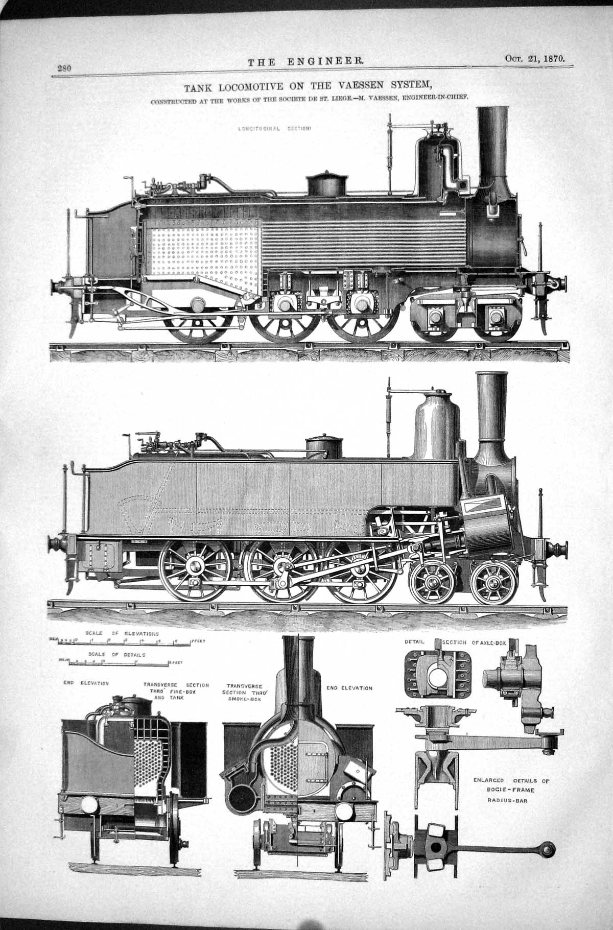 Old Tank Locomotive Vaessen System 1870 Liege Scale Elevation Details Victorian