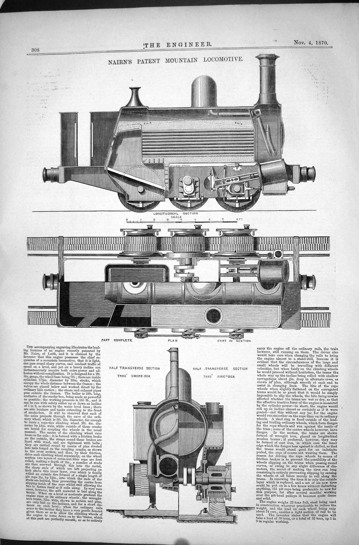 Antique Old Print Nairn Mountain Locomotive Section Longitudinal 1870 Patent