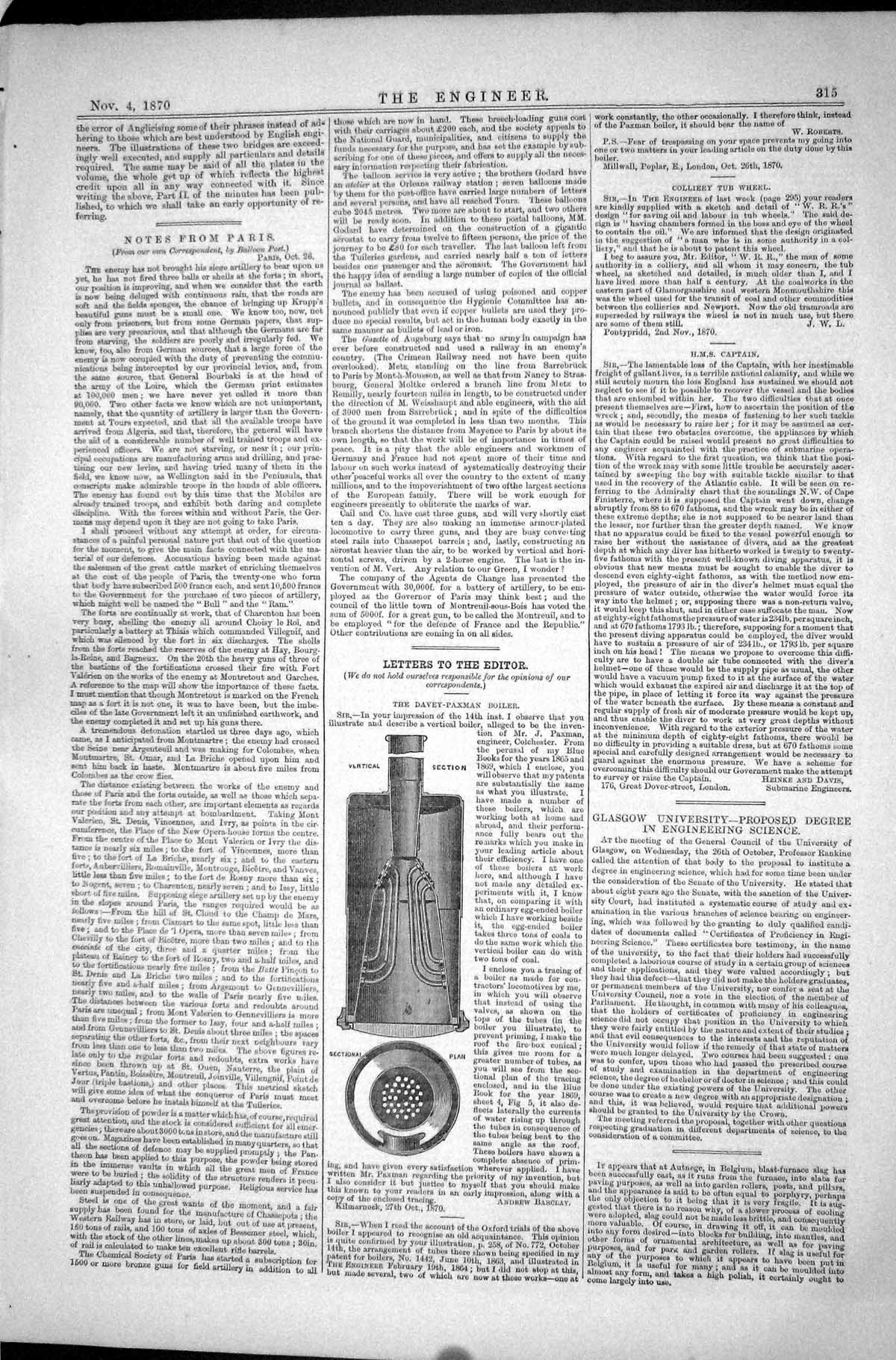 Old Paris Notes Davey-Paxman Boiler Plan Sectional Glasgow 1870 Engin Victorian