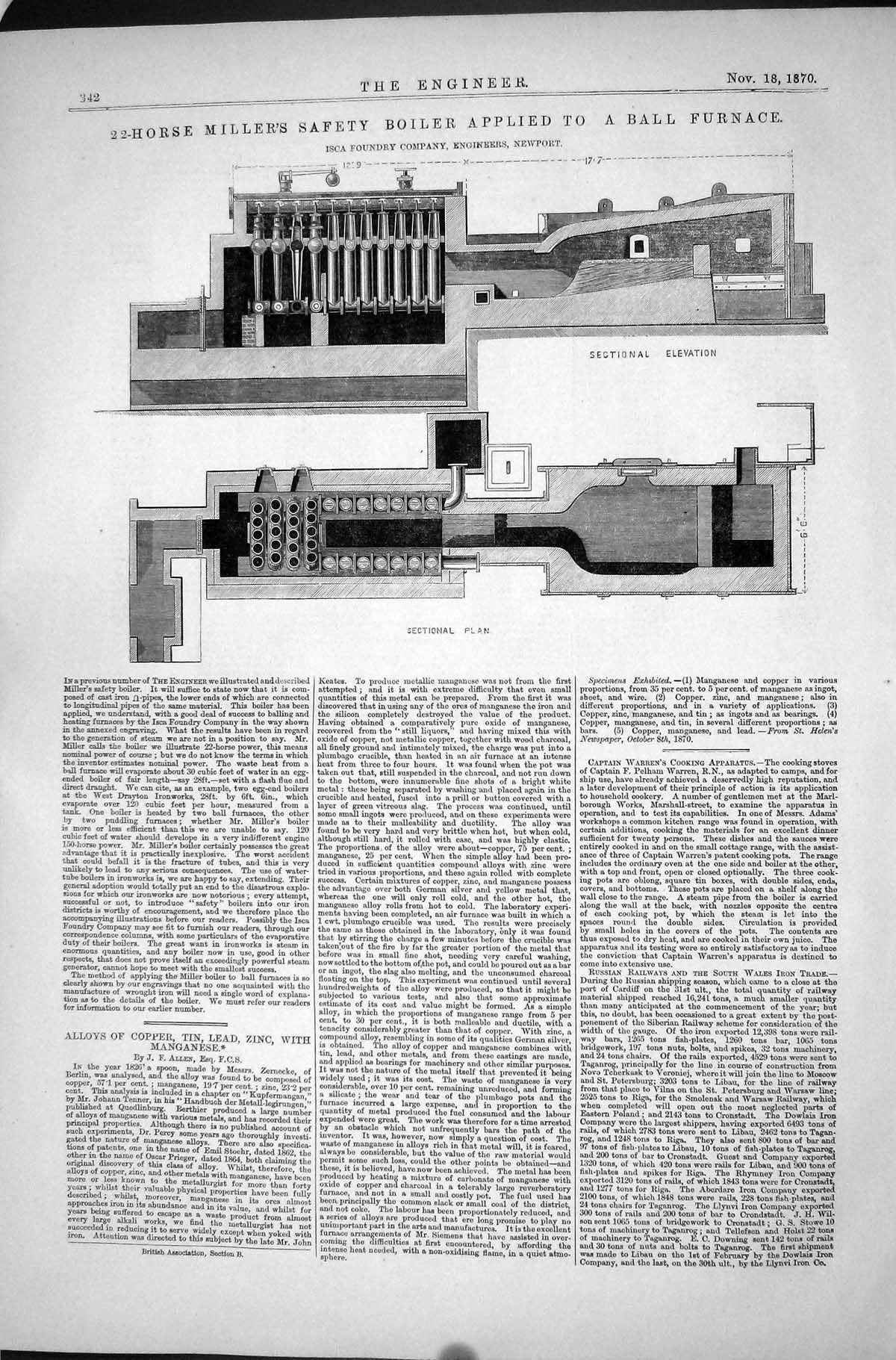 Old Print 22-Horse Miller Safety Boiler Applied Ball Furnace 1870 Alloys