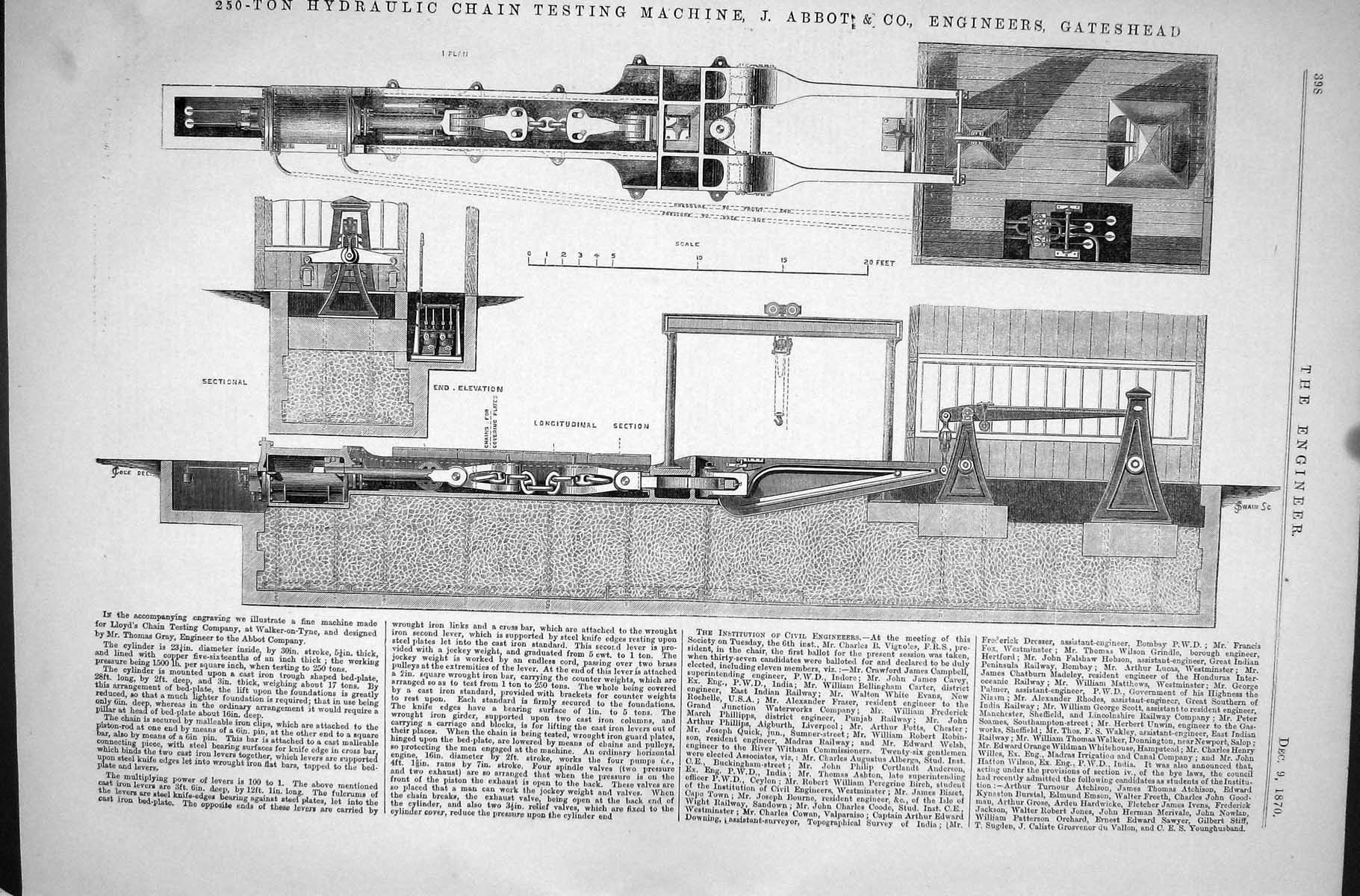 Old Print 1870 Hydraulic Chain Testing Machine Abbot Gateshead Elevation 19th