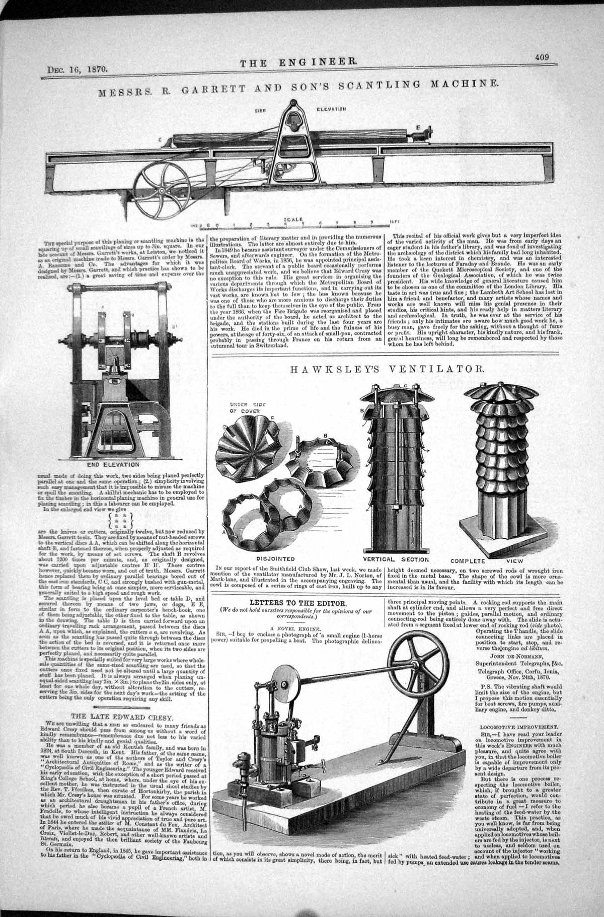 Old Print Garrett Scantling Machine 1870 Hawksley Ventilator Edward Cresy 19th