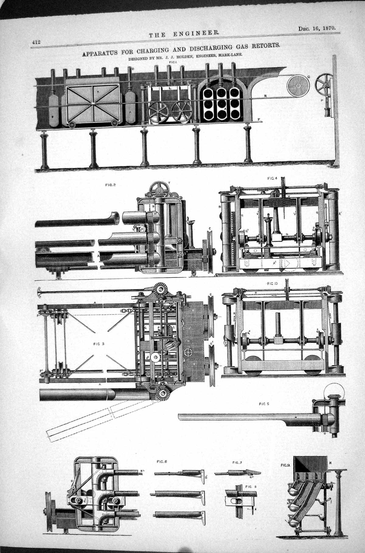 Old Print Apparatus Charging Discharging Gas Retorts 1870 Engineering He 19th