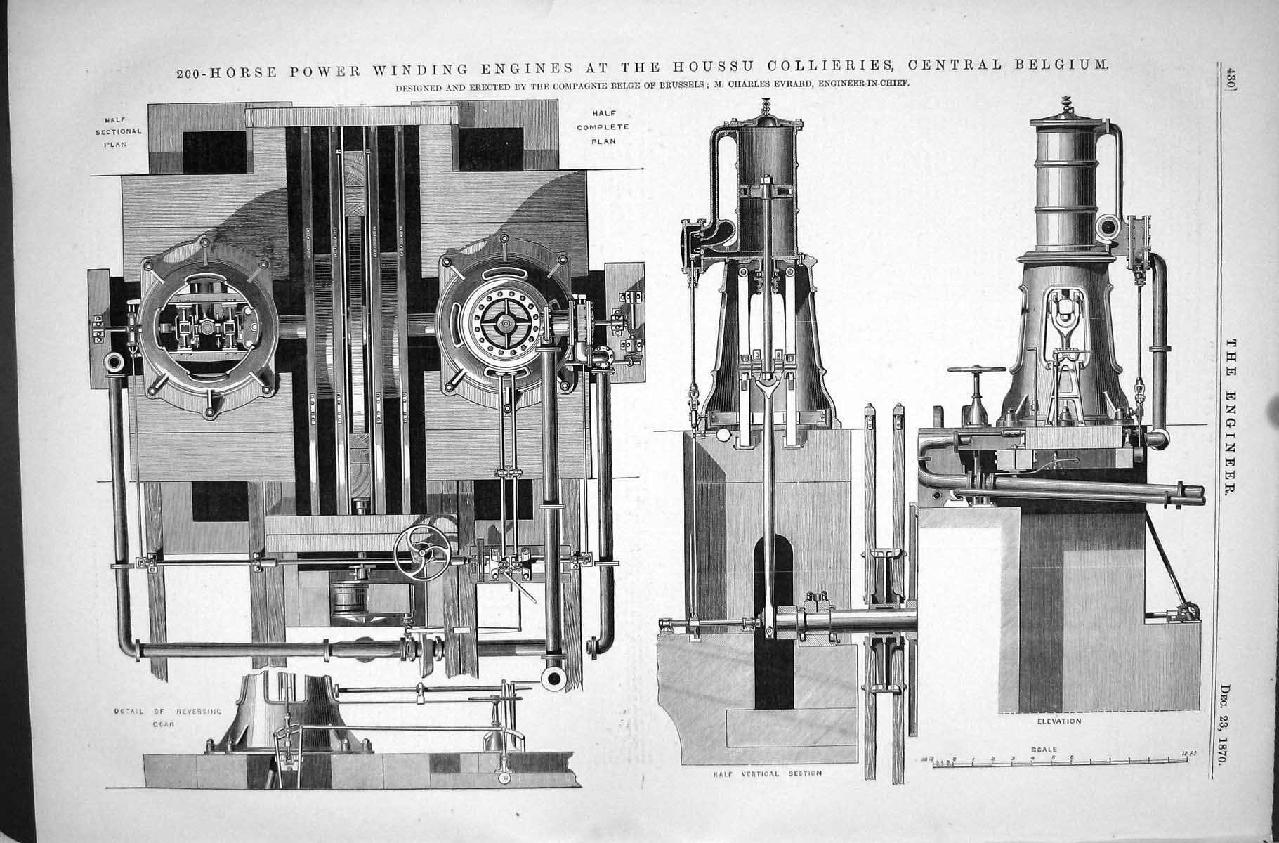 Antique Print 200-Horse Power Winding Engines 1870 Houssu Collieries Evrard