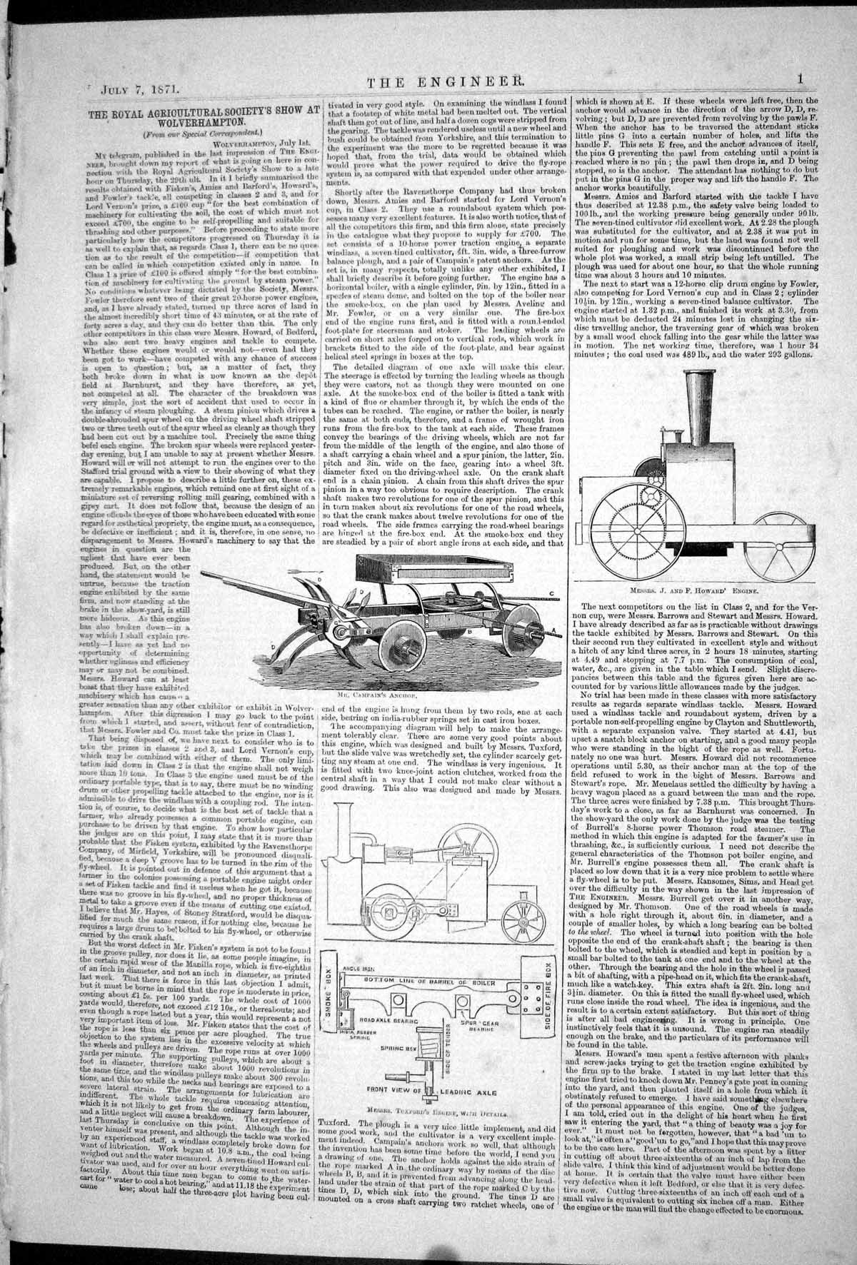 Old Print 1871 Campain Anchor Tuxford Engine Howard Agriculture Machinery 19th