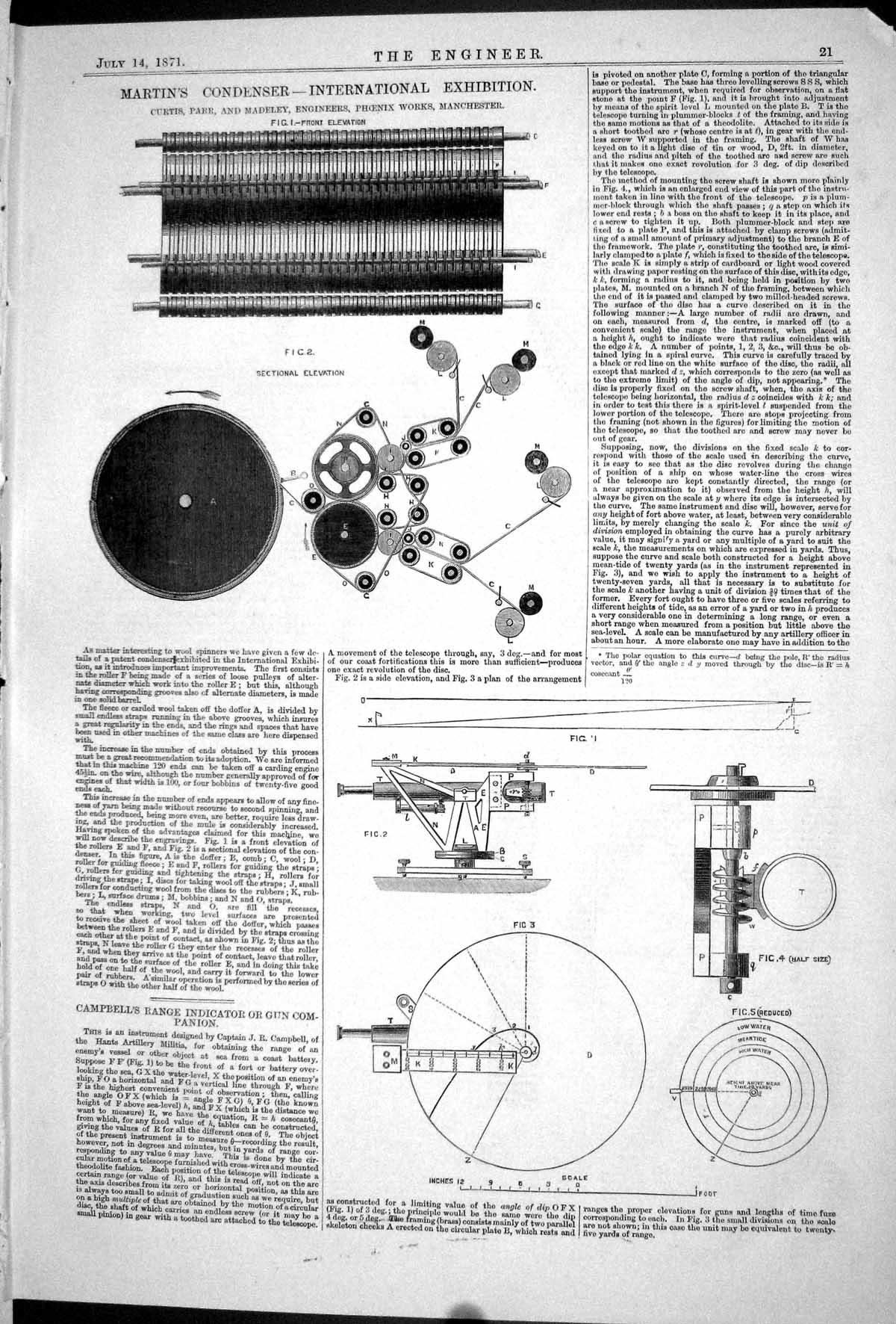 Old Print 1871 Martin Condenser Curtis Parr Campbell Range Indicator Gun 19th