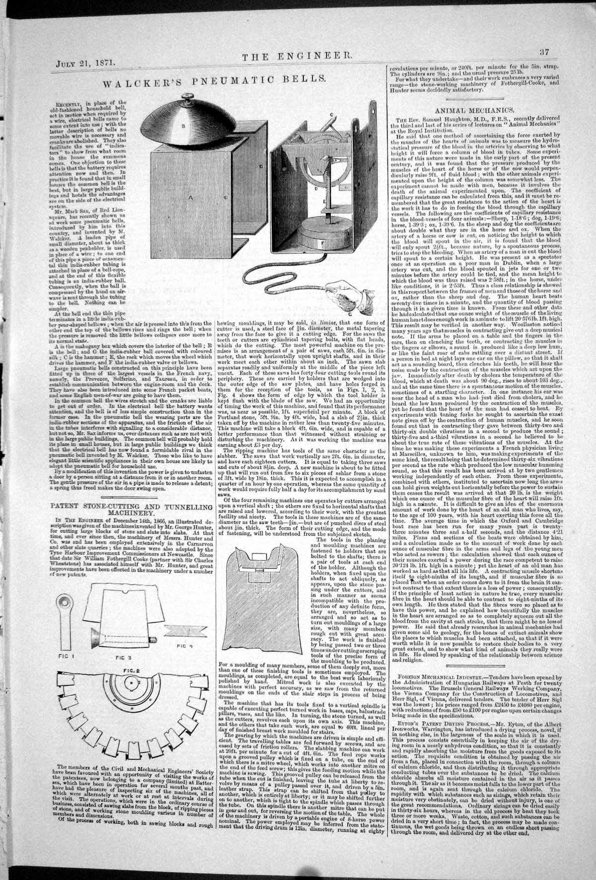 Old Print 1871 Walcker Pneumatic Bells Stone-Cutting Tunnelling Machinery 19th
