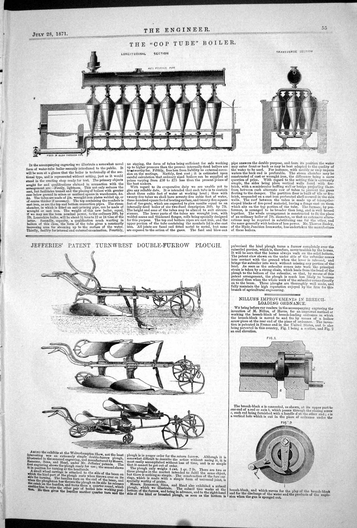 Old 1871 Cop Tube Boiler Jefferies Patent Turnwest Double-Furrow Plou Victorian