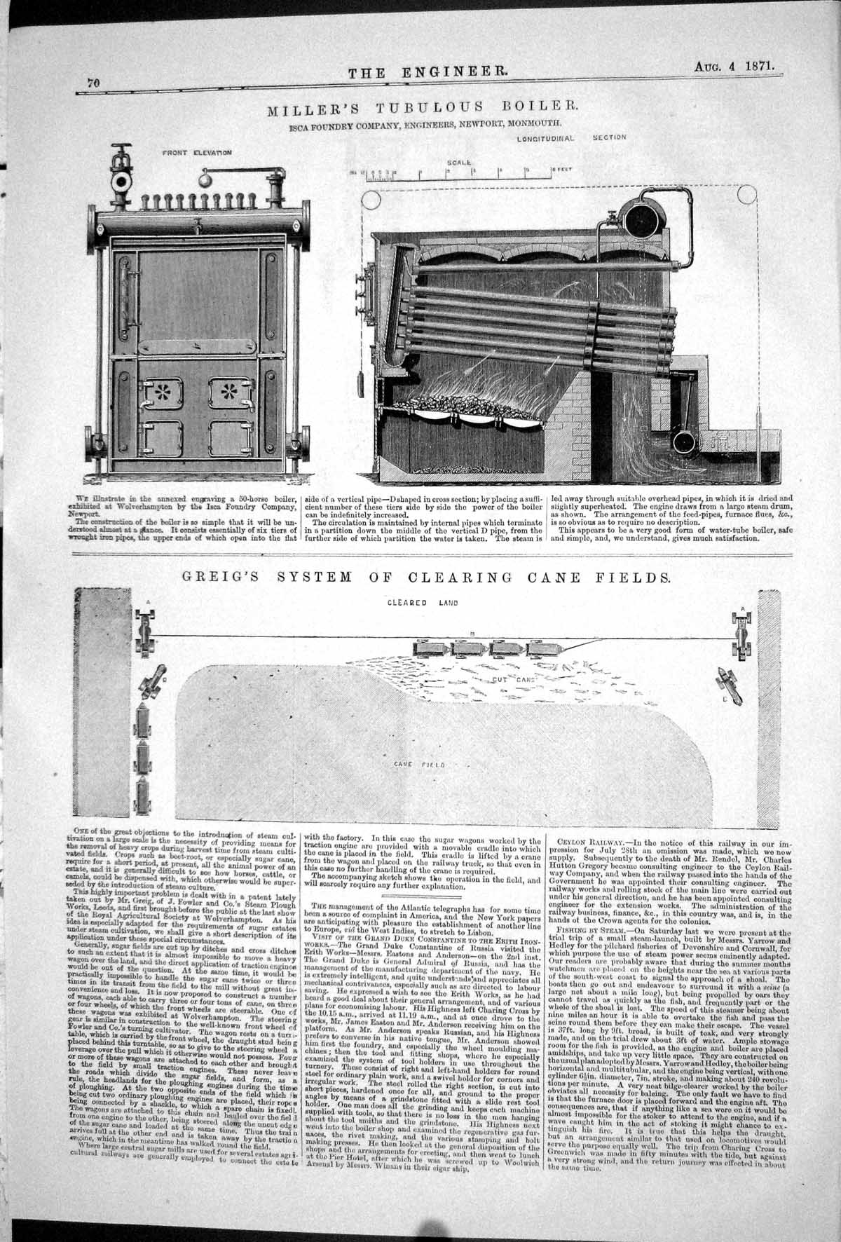Old Print 1871 Miller'S Tubulous Boiler Greig System Clearing Cane Fields 19th