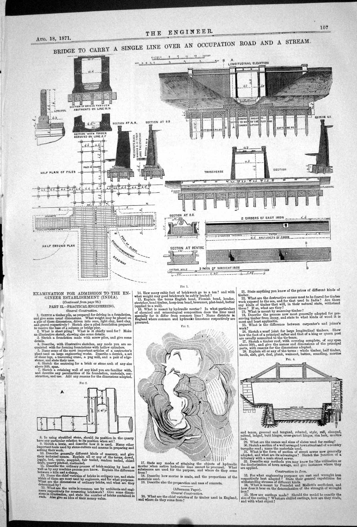 Old Print 1871 Bridge Girders Occupation Road Stream Plan Piles Cast Iron 19th