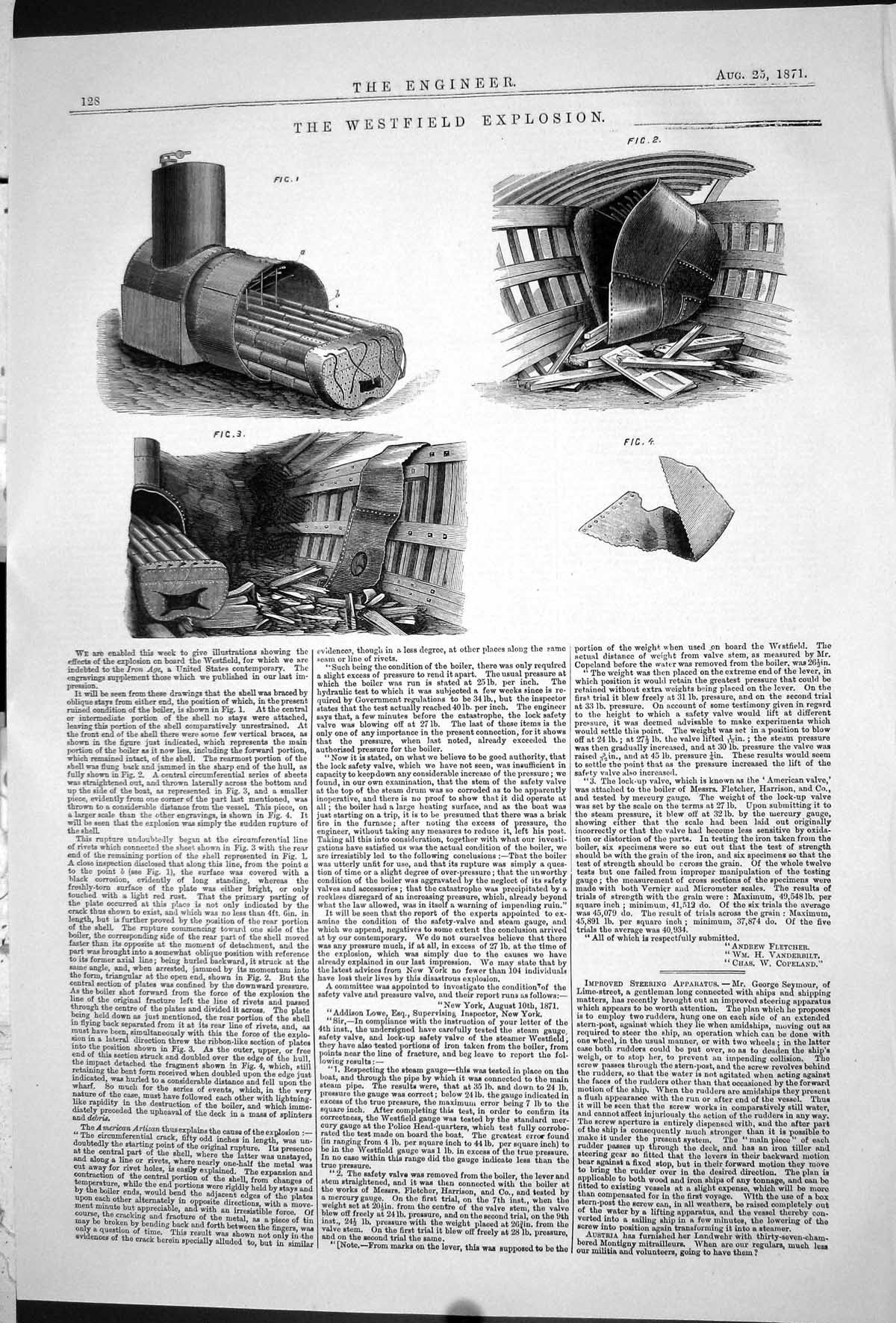 Original Old Antique Print 1871 Engineering Westfield Explosion Ship Rupture