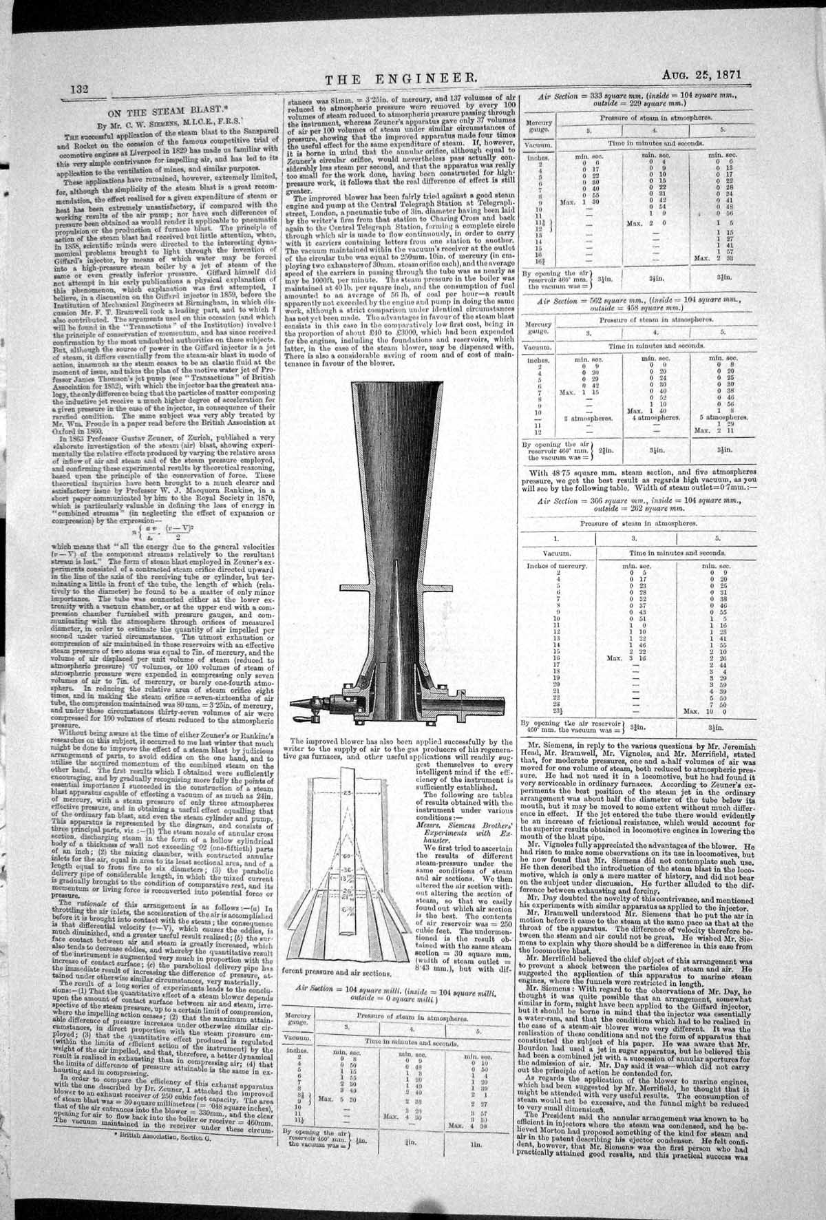 Old 1871 Engineering Steam Blast Air Section Chart Vacuum Mercury Gau Victorian