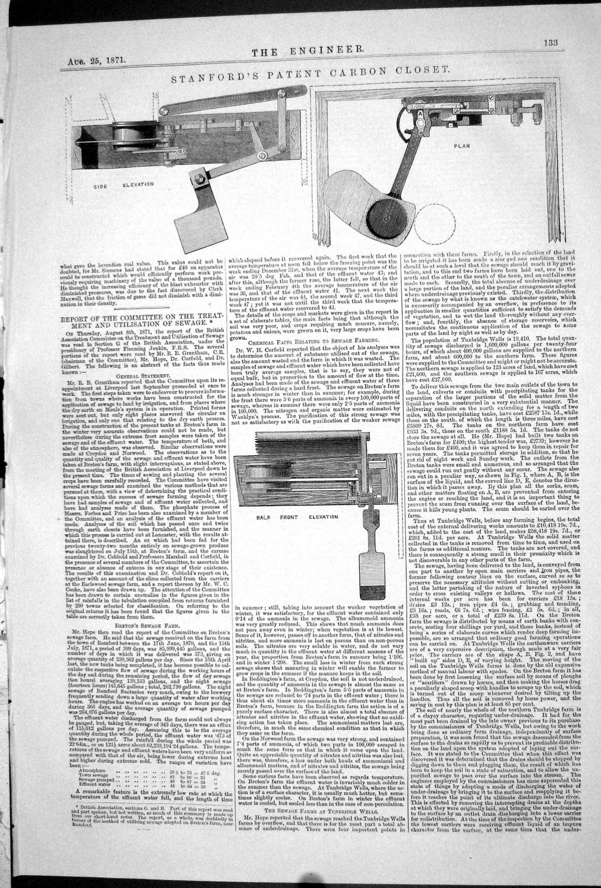 Antique Old Print 1871 Stanford Patent Carbon Closet Sewage Farming Machinery