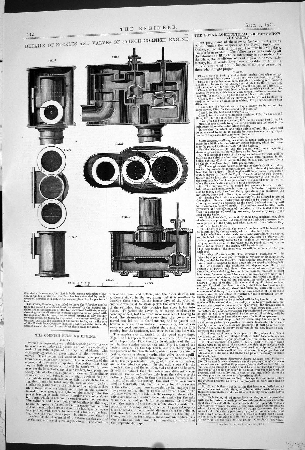 Antique Print 1871 Details Nozzles Valves 80-Inch Cornish Engine Machinery 19th