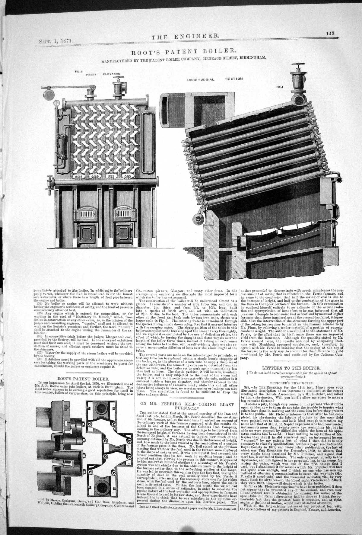 Antique Old Print 1871 Root Patent Boiler Machinery Heneage Street Birmingham