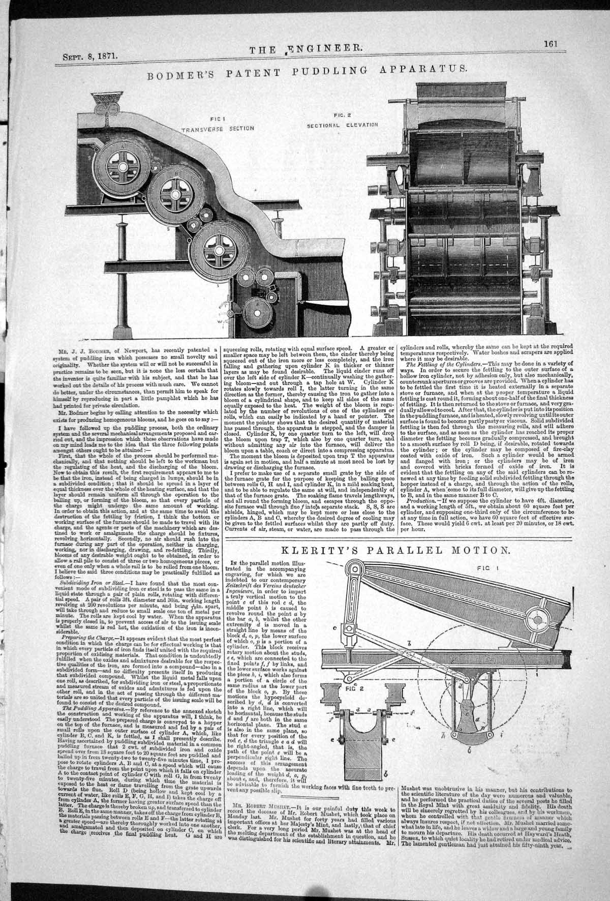Antique Print 1871 Bodmer Patent Puddling Apparatus Klerity Parallel Motion