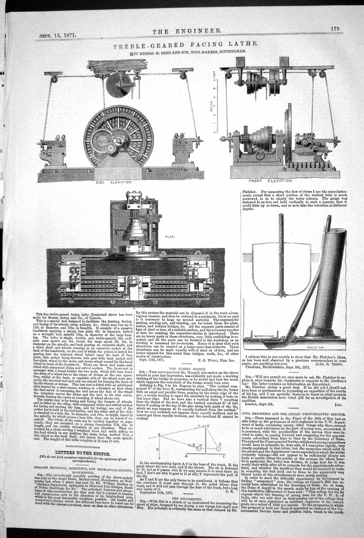 Antique Old Print 1871 Treble-Geared Facing Lathe Machinery Instruments Hind