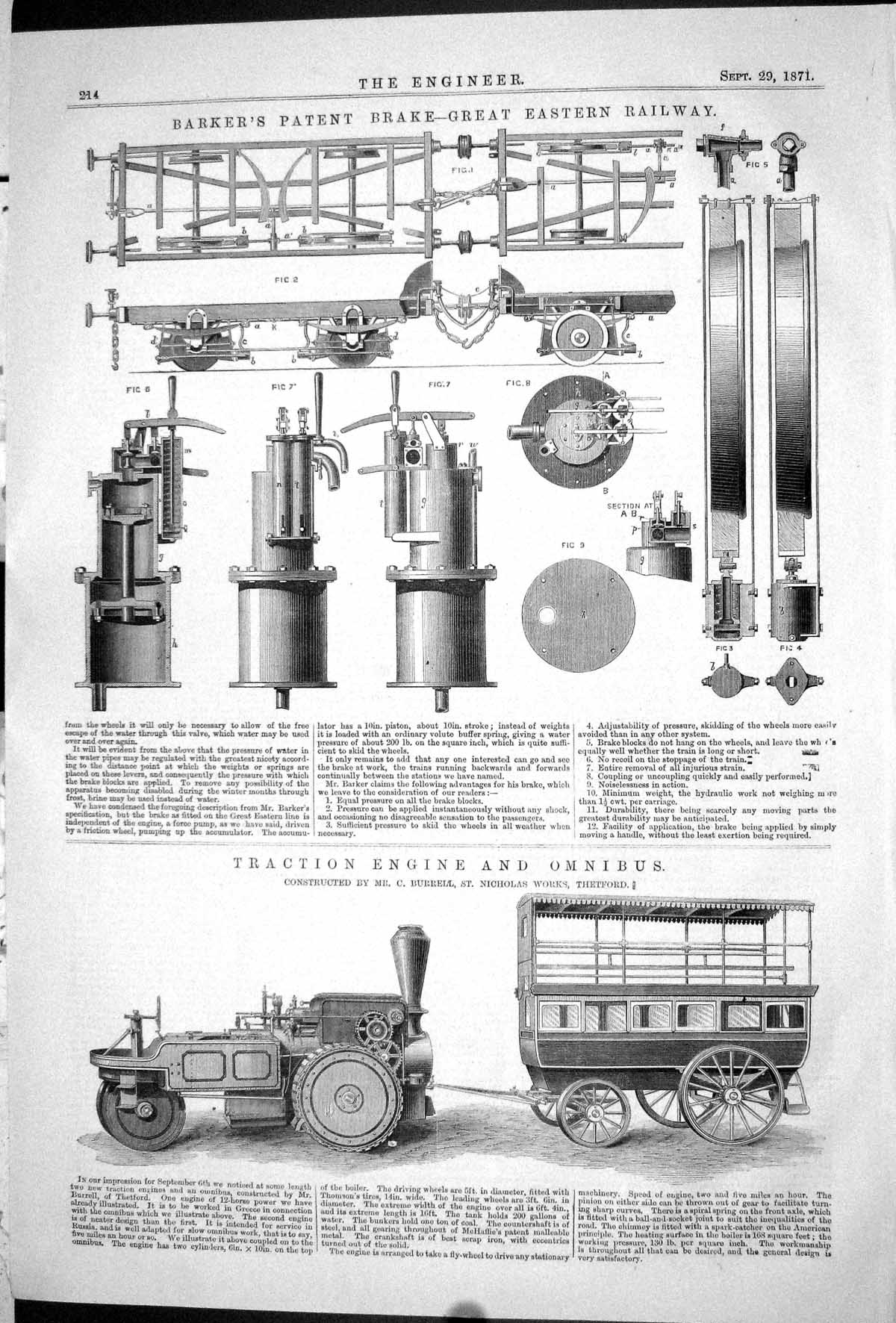 Antique Print 1871 Barker Patent Brake Great Eastern Railway Omnibus Engine