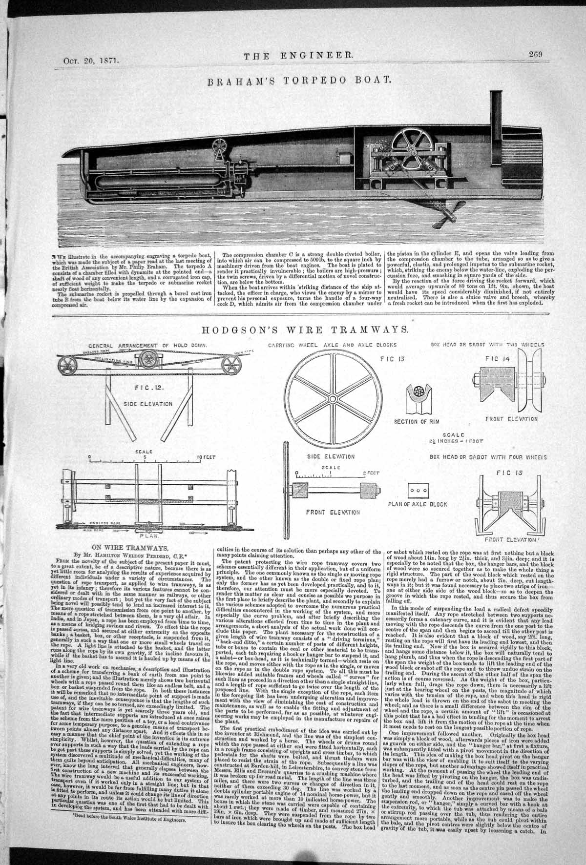 Old Print 1871 Braham Torpedo Boat Hodgson Wire Tramways Hamilton Weldon 19th