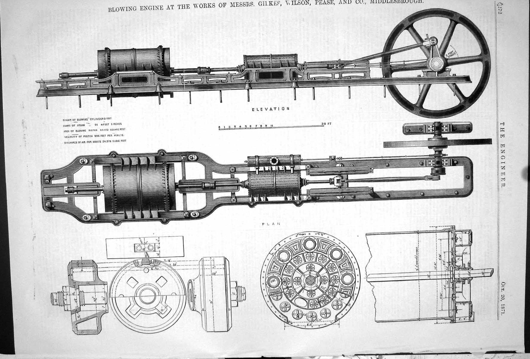 Antique Old Print 1871 Blowing Engine Works Gilkes Wilson Pease Middlesbrough