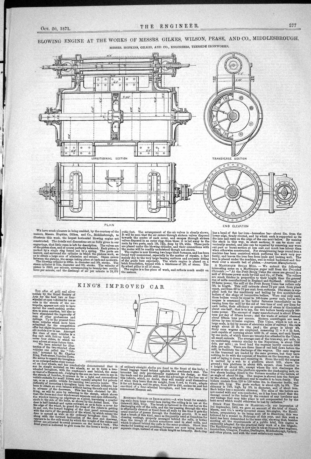 Old Print 1871 Blowing Engine Gilkes Wilson Pease Middlesbrough King Cab 19th