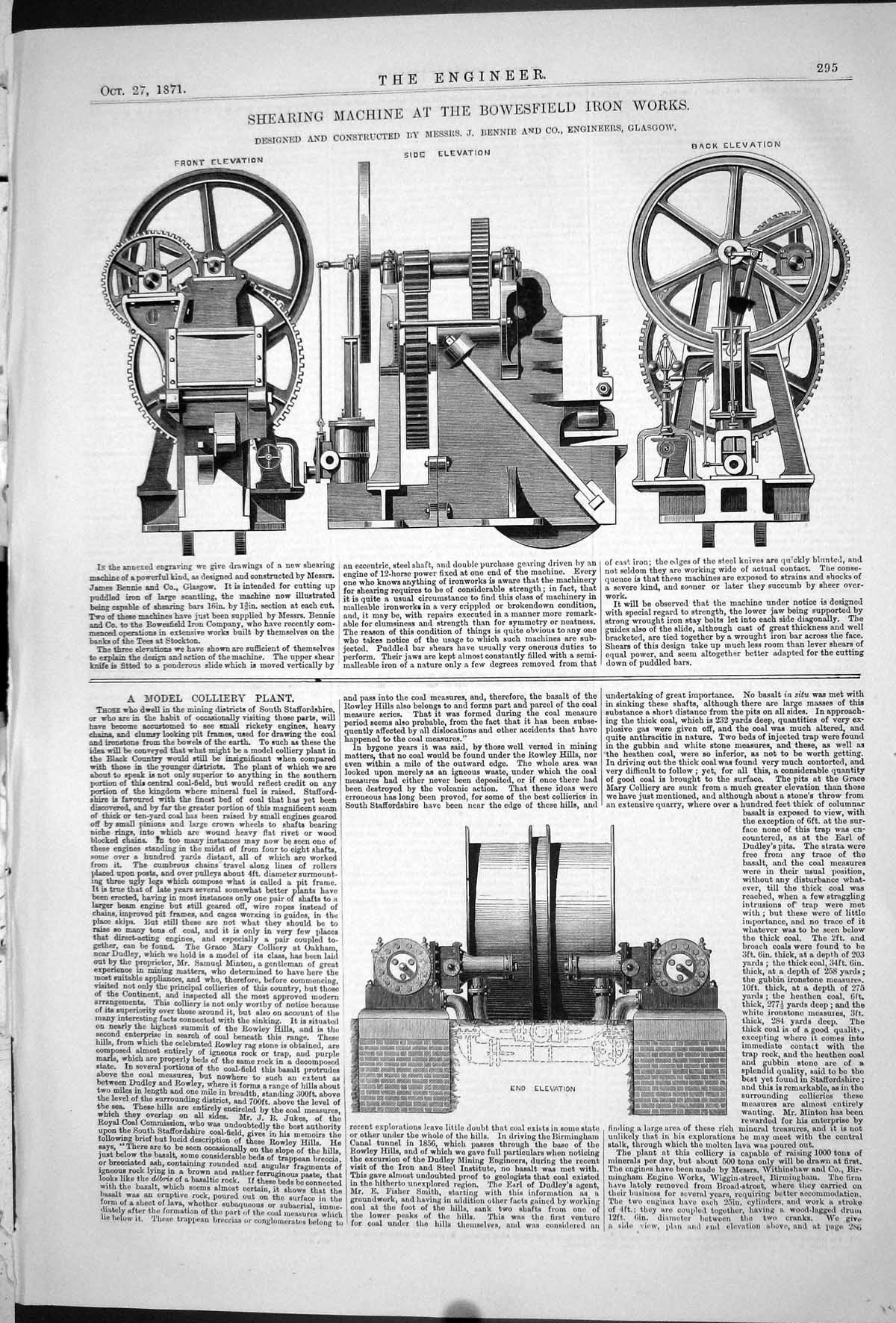 Antique Print 1871 Shearing Machine Bowesfield Iron Works Machinery Bennie 19th