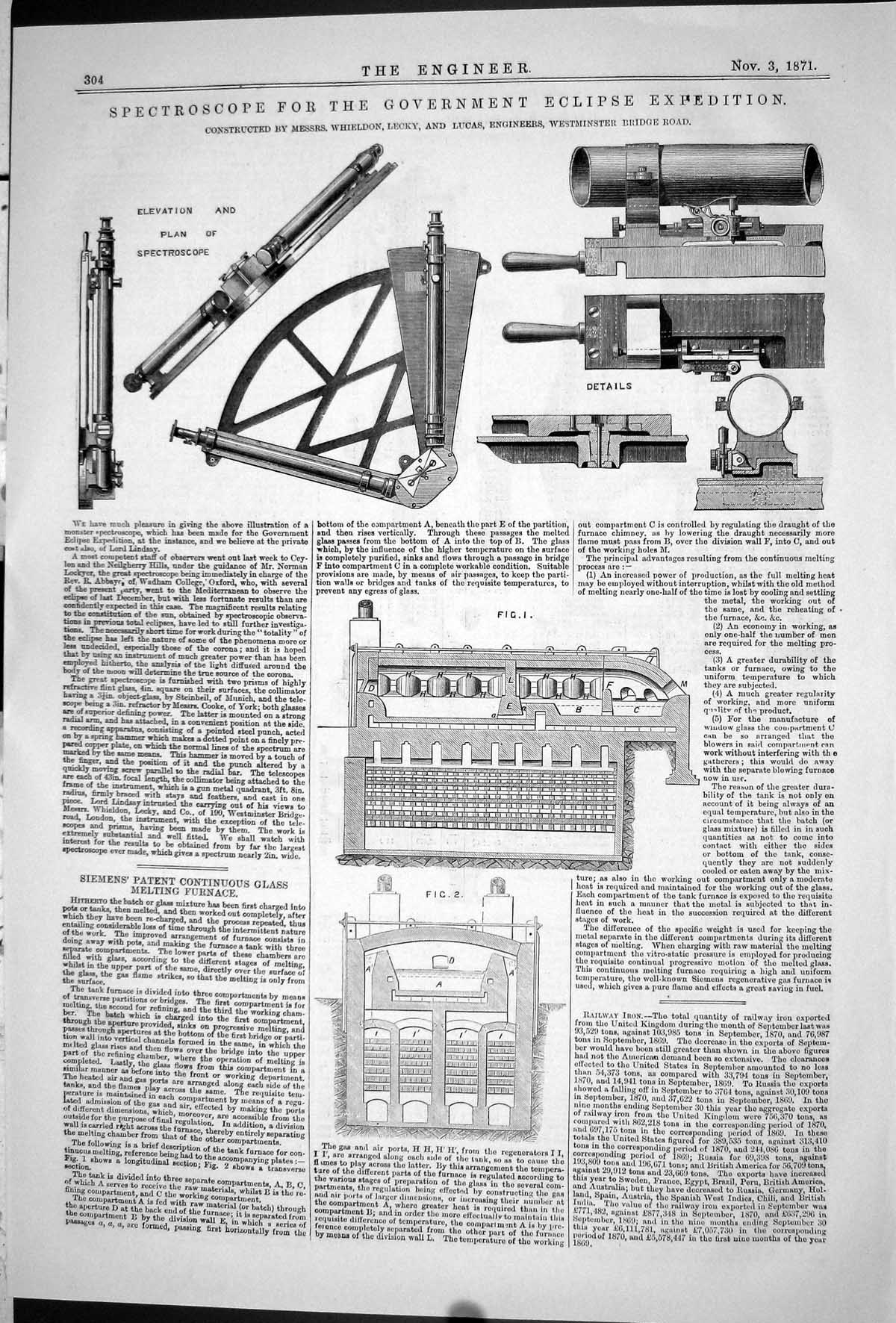 Antique Print 1871 Spectroscope Government Eclipse Expedition Glass Furnace