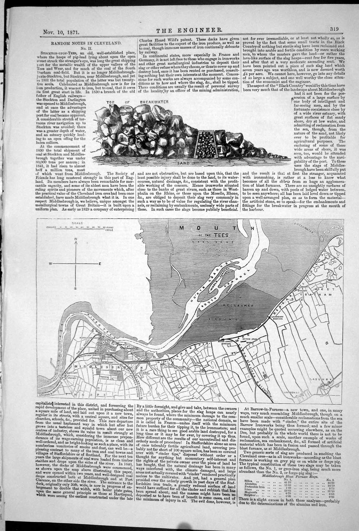 Old Print 1871 Cleveland Breakwater Sand Plan Mouth Tees Railway Lazenby 19th
