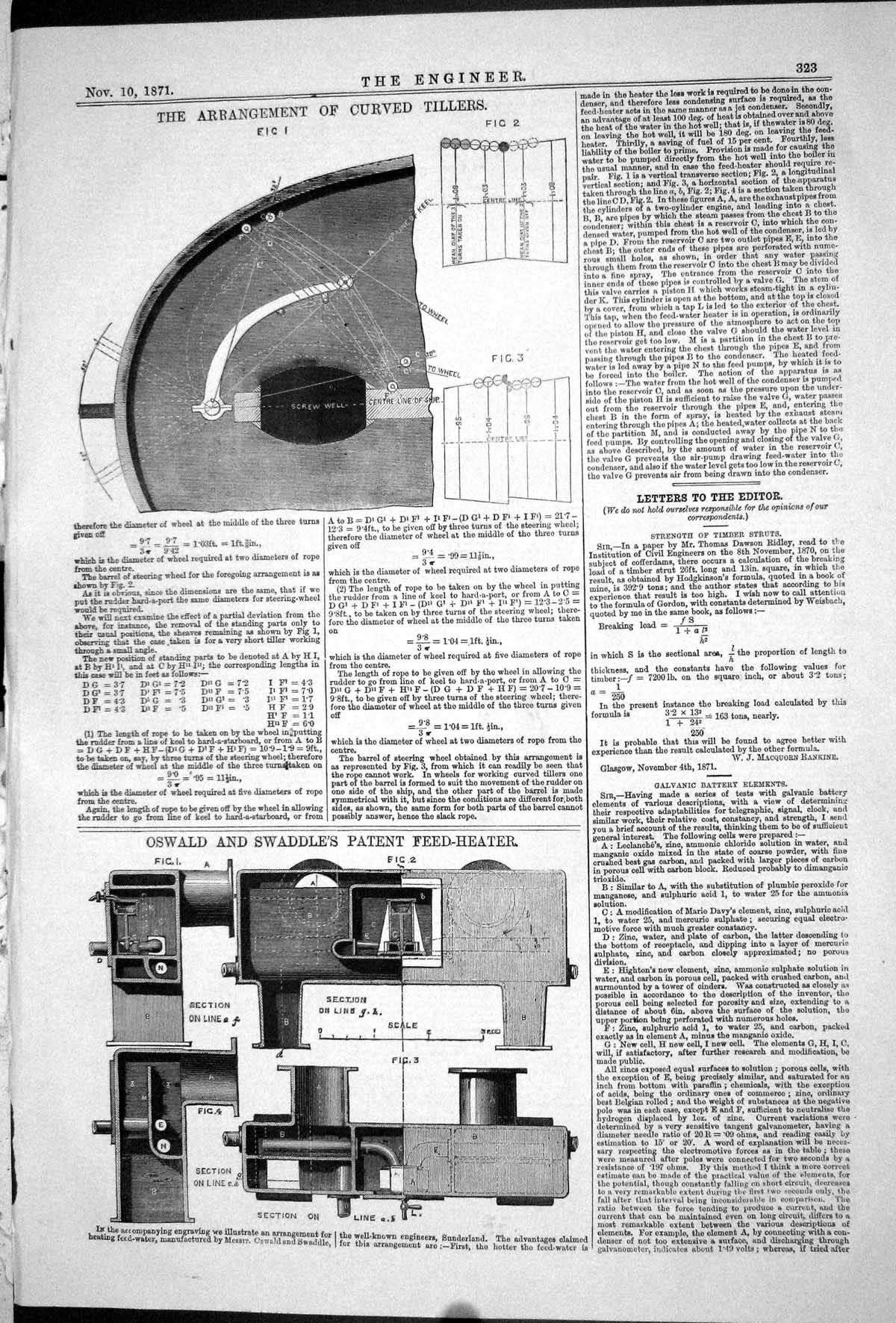 Antique Old Print 1871 Arrangemant Curved Tillers Oswald Swaddle Feed-Heater