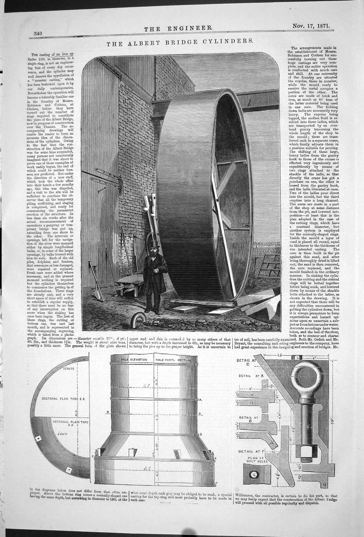 Old Print Albert Bridge Cylinders 1871 Diagrams Sectional Plan Bolt Holes 19th