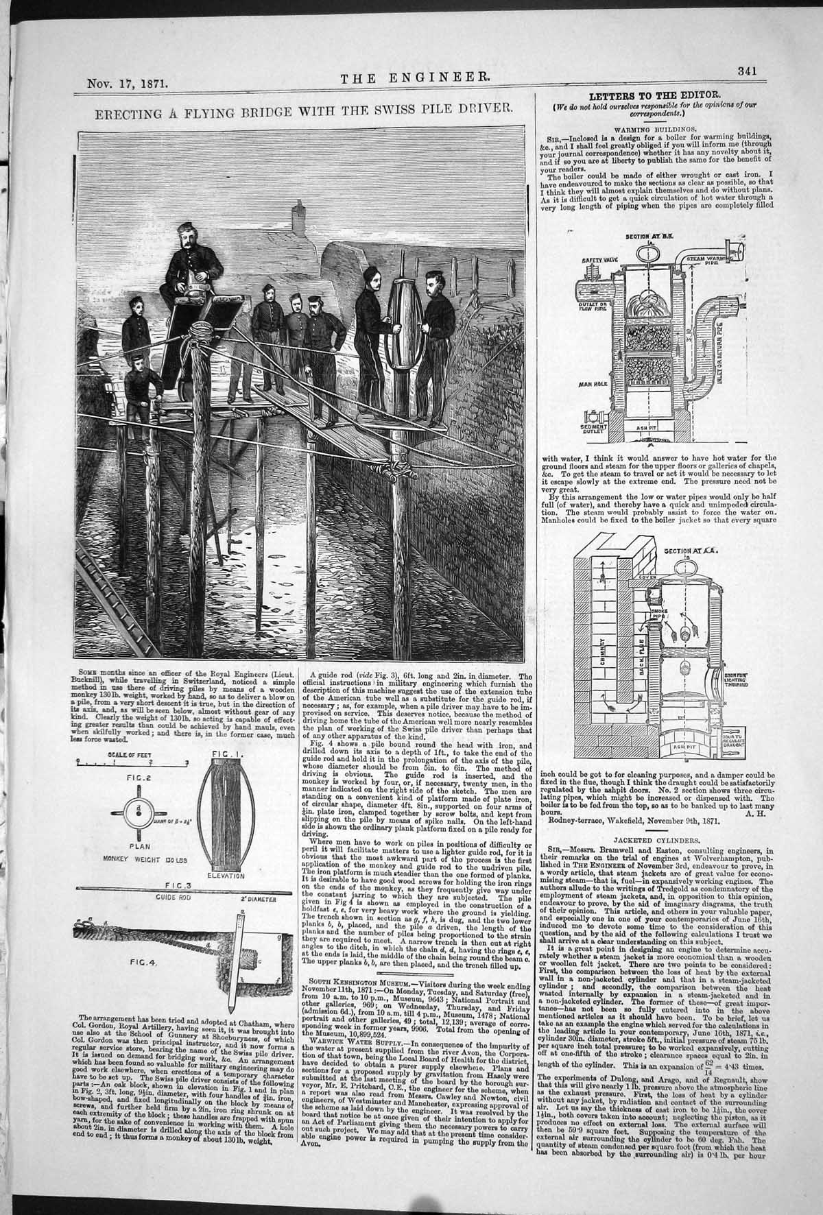 Old 1871 Erecting Flying Bridge Swiss Pile Driver Jacketed Cylinders Victorian