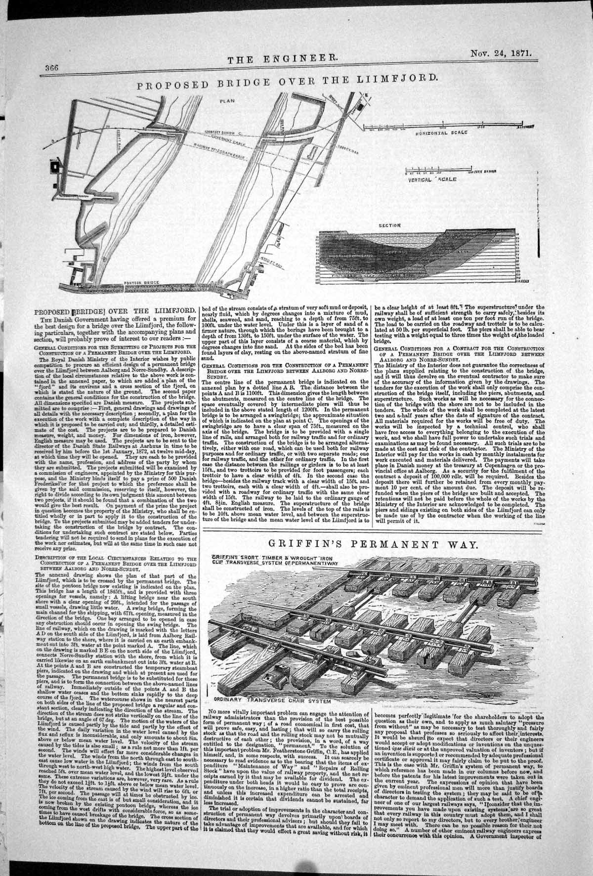 Antique Print 1871 Proposed Bridge Liimfjord Griffin Permanent Way Railway 19th