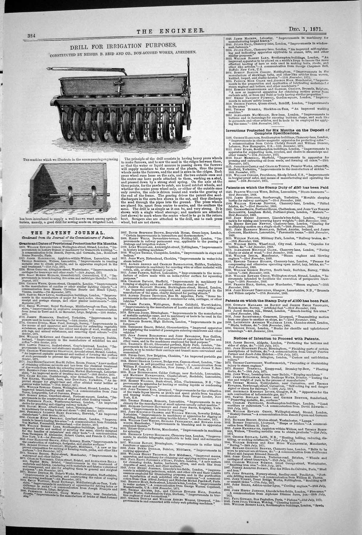 Antique Print 1871 Drill Irrigation Purposes Reid Bon-Accord Works Aberdeen