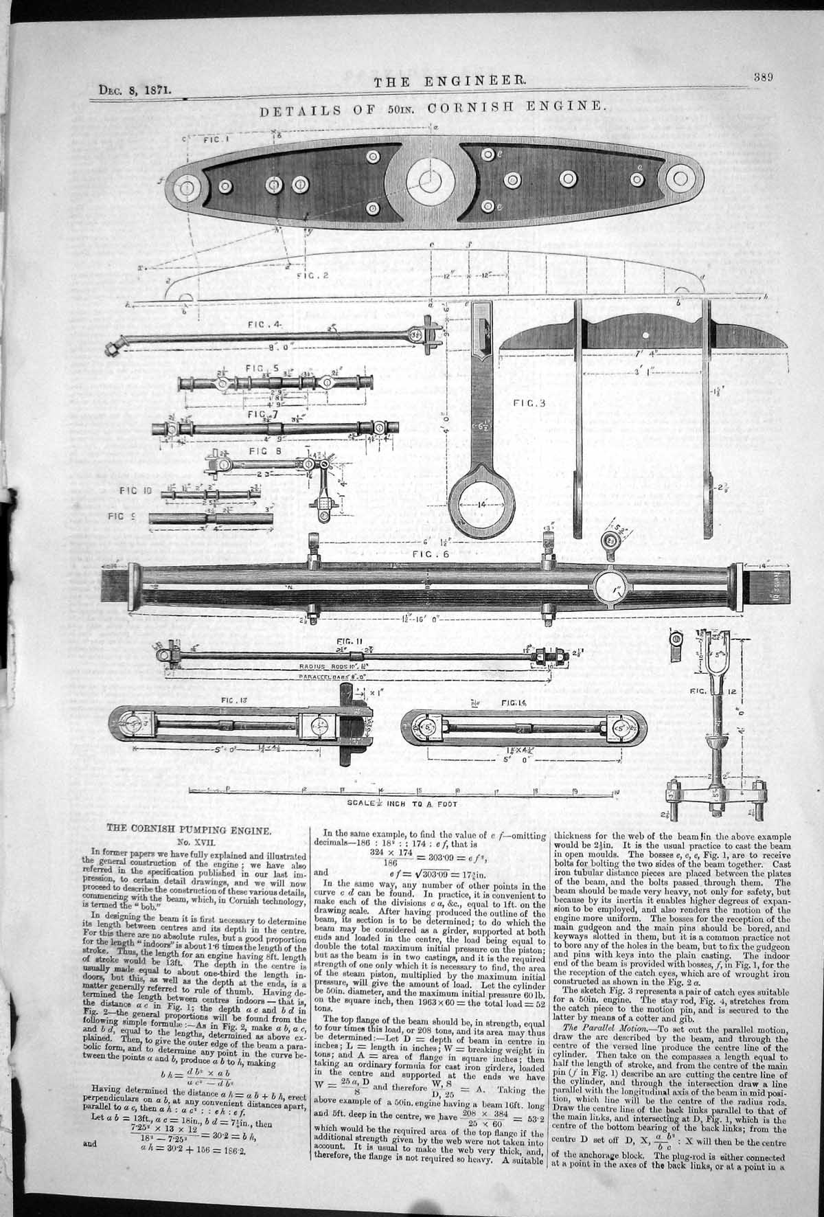 Antique Old Print 1871 Engineering Details Cornish Pumping Engine Instruments