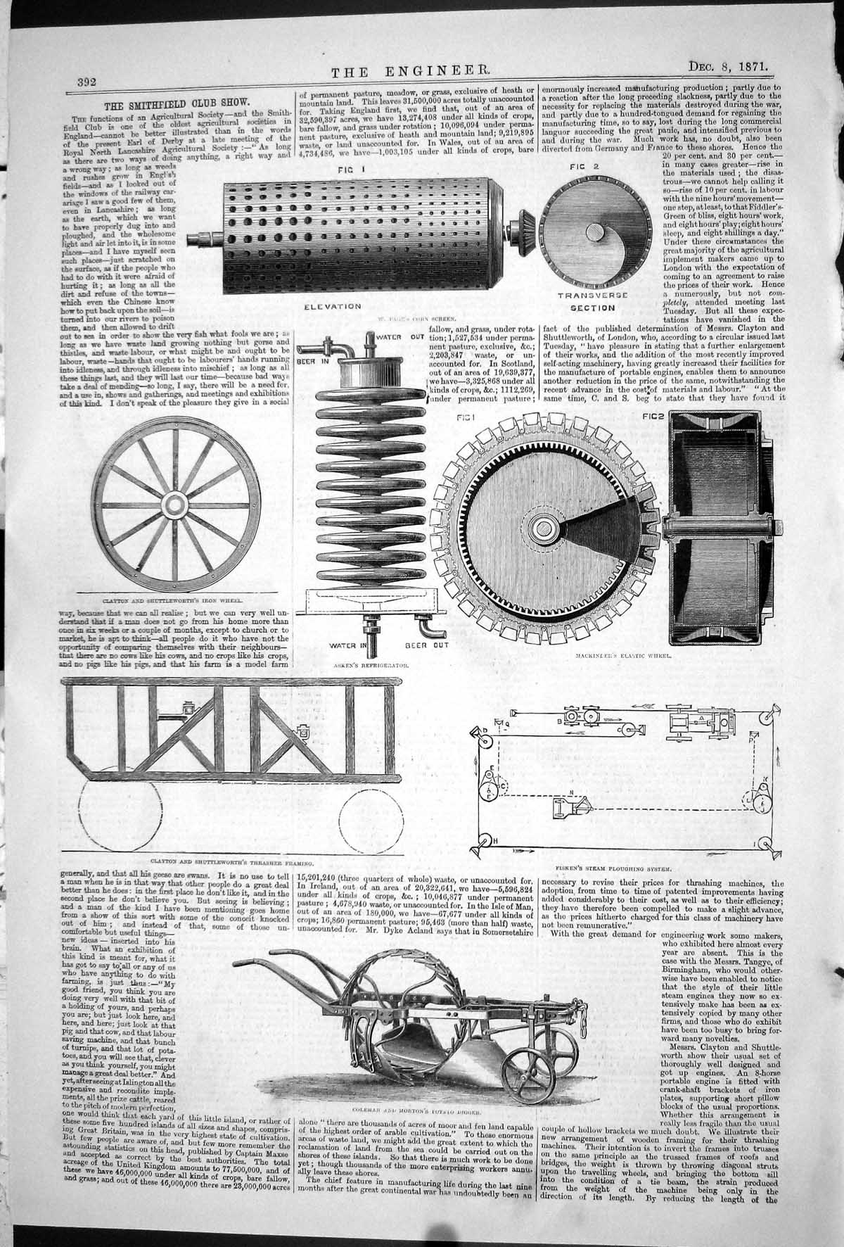 Antique Old Print 1871 Smithfield Club Show Coleman Potato Digger Agriculture