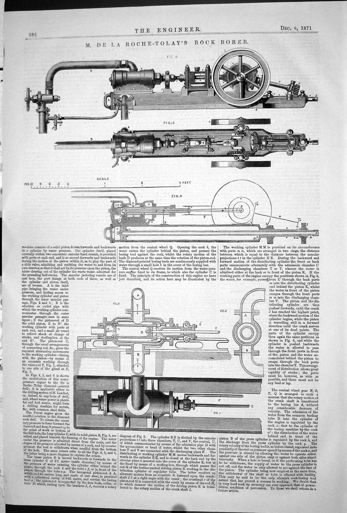 Old Antique Print 1871 Engineering De La Roche-Tolay Rock Borer Machinery 19th