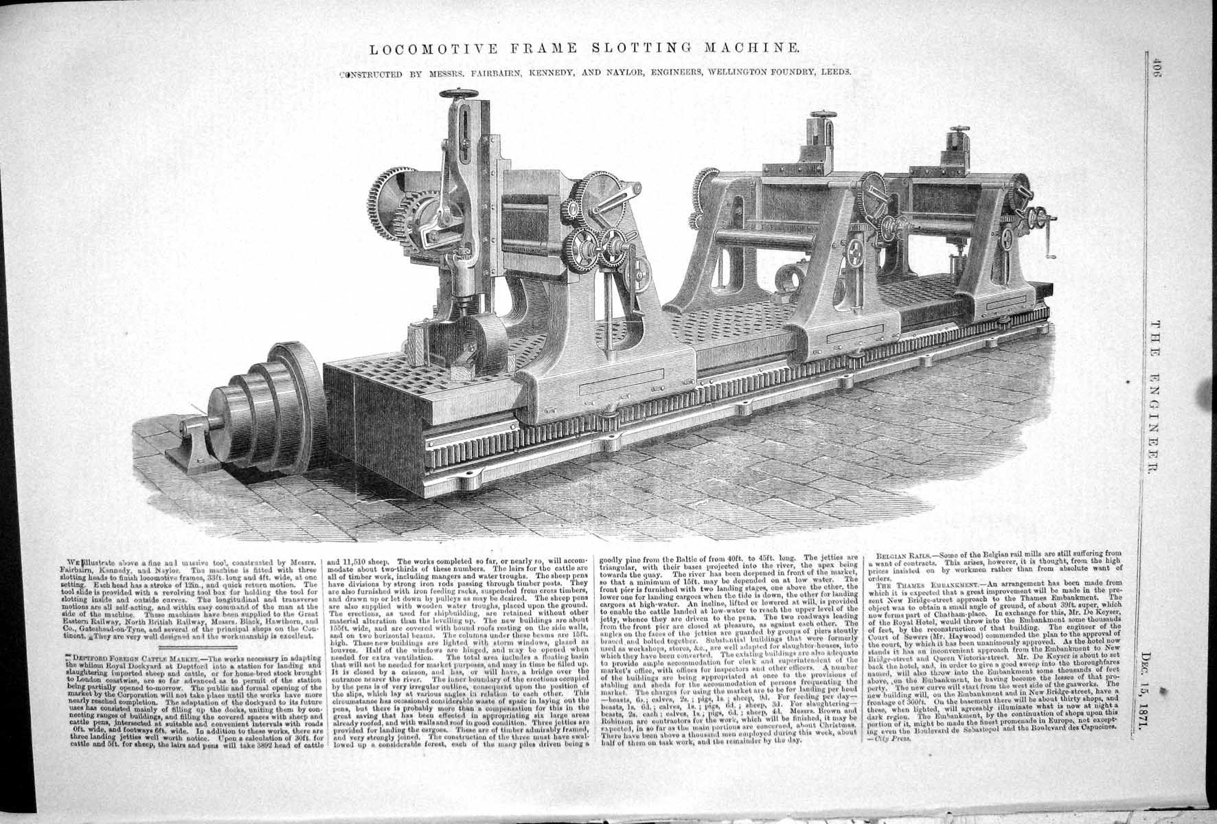 Old Print 1871 Locomotive Frame Slotting Machine Fairbairn Kennedy Naylor 19th