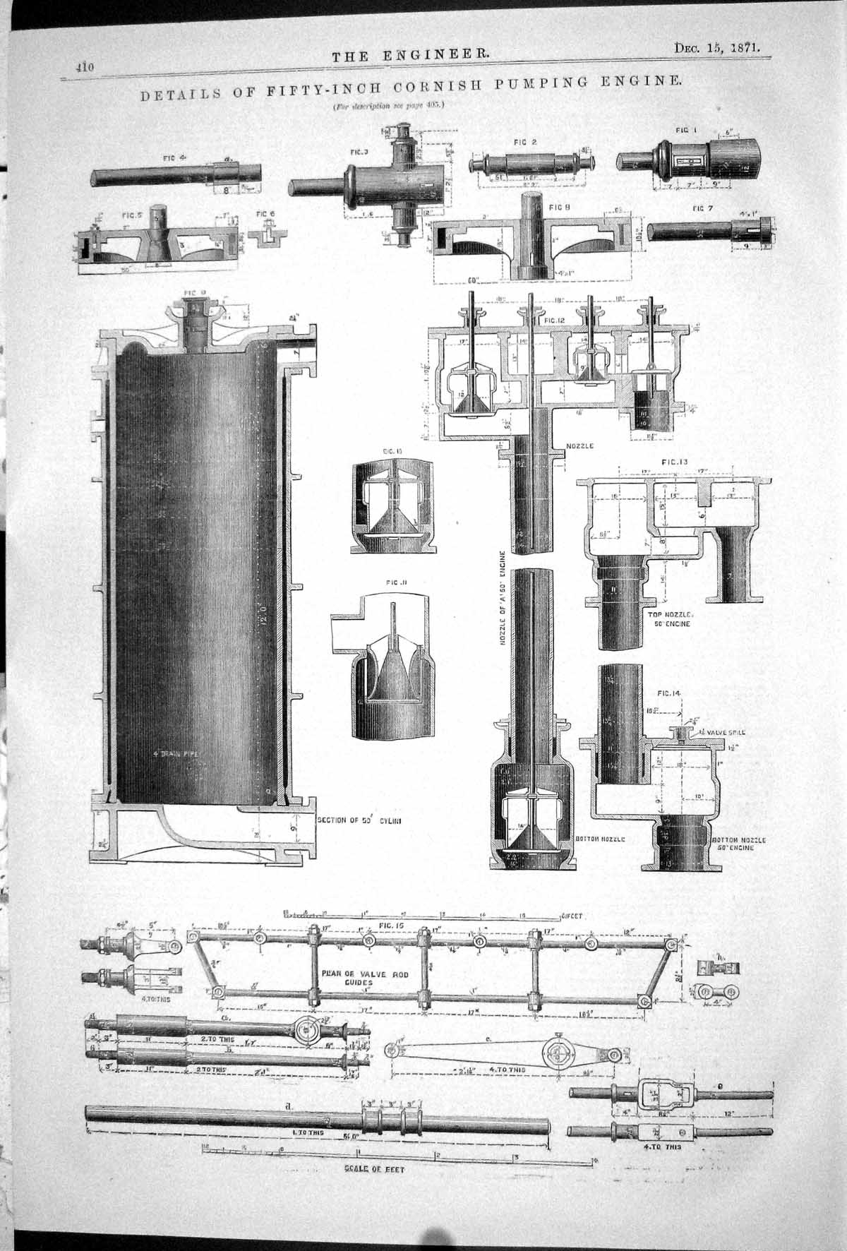 Antique Old Print 1871 Details Fifty-Inch Cornish Pumping Engine Instruments